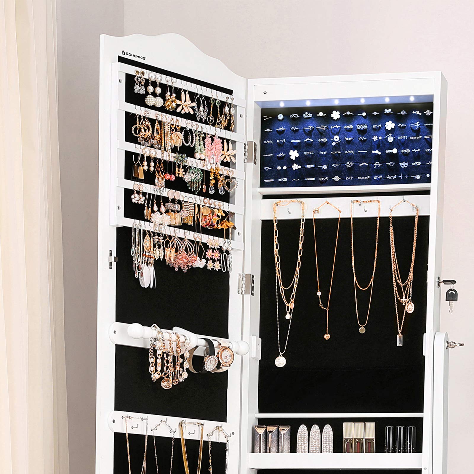 SONGMICS Armario Joyería Ruedas Organizador Joyas Cerradura Luces LED 3 Cajones Espejo Blanco JBC61W