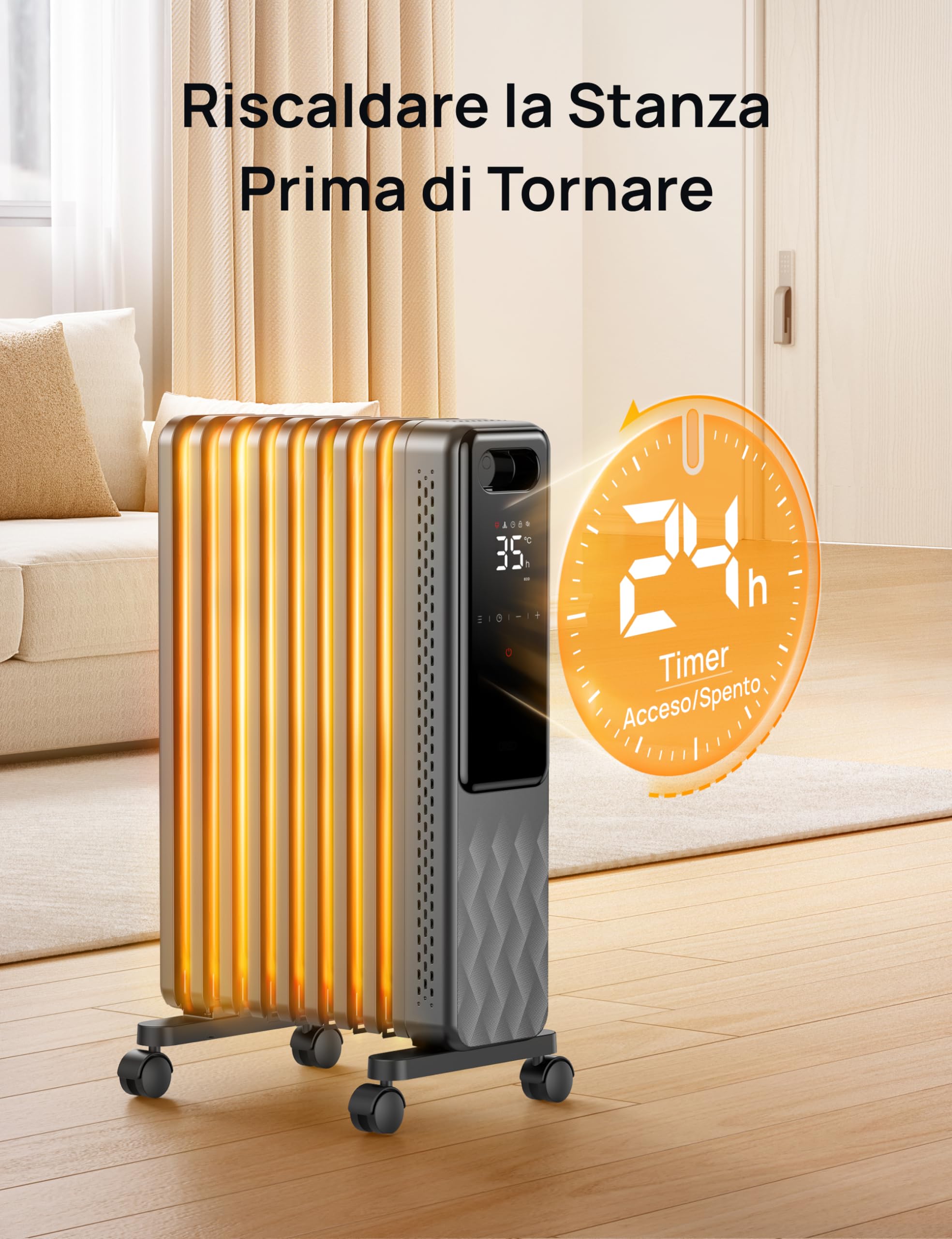 DREO Radiatore Elettrico Basso Consumo 2000W, Radiatore ad Olio 9 Elementi con Telecomando, 3 Livelli, 4 Modalità, Timer 24h, Protezione Surriscaldamento e Ribaltamento, Riscaldatore con Termostato