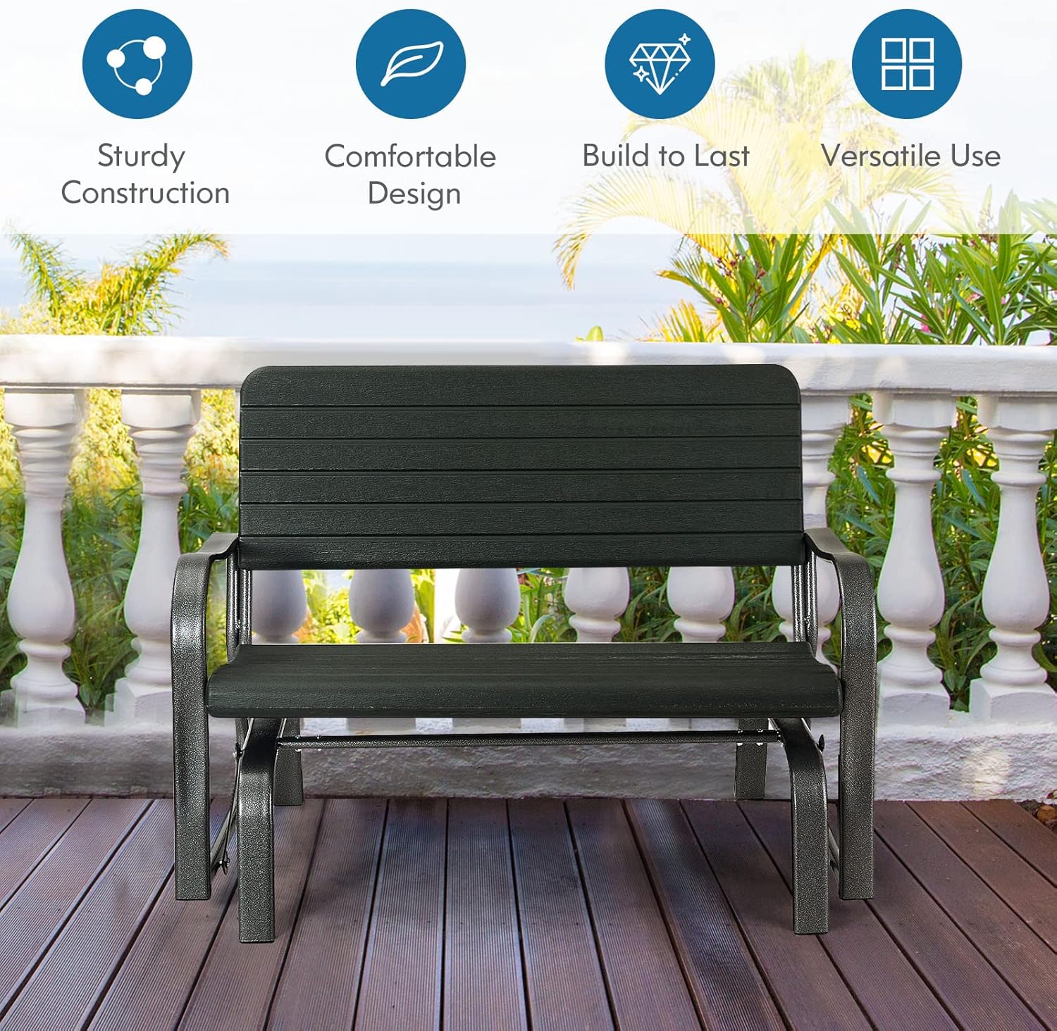 Giantex Outdoor Gliders for Outside Patio - Porch Glider w/Steel Frame, Weather Resistance HDPE Back & Seat, 600Lbs Capacity Loveseat, 2-Seat Rocker for Deck, Yard, Lawn, Outdoor Glider Bench (Black)