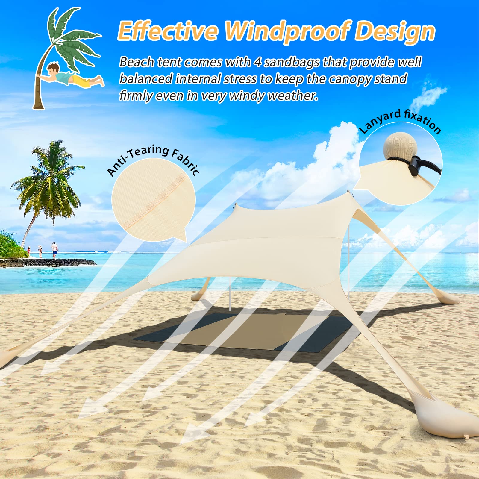 Beach StrandZelt mit Picknickdecke und Sandsack Anchor, Strandmuschel Sonnenschutz Zelt für Strand mit UV-Schutz UPF 50+ (Beige)