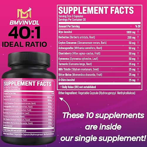 Miniatura 2 de BMVINVOL Paquete de 2 suplementos de inositol - Myo-Inositol y D-Chiro Inositol Ideal 401 Ratio - Más Berberina, Canela, Ashwagandha+5