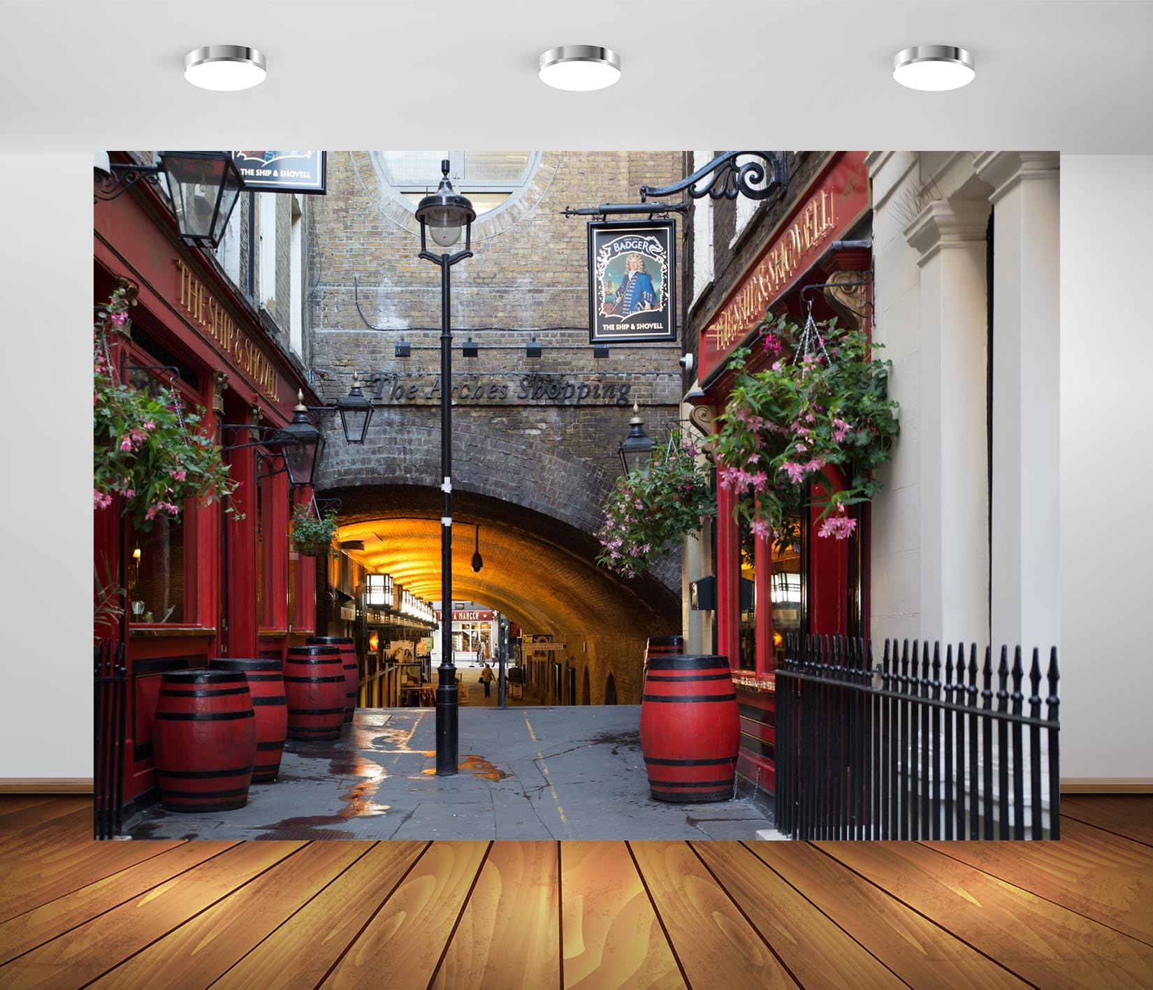 BELECO 15x10ft Fabric London Vintage Street Backdrop Spring England Shop Stores Red Barrels Charing Cross Walkway Background British Party Decorations