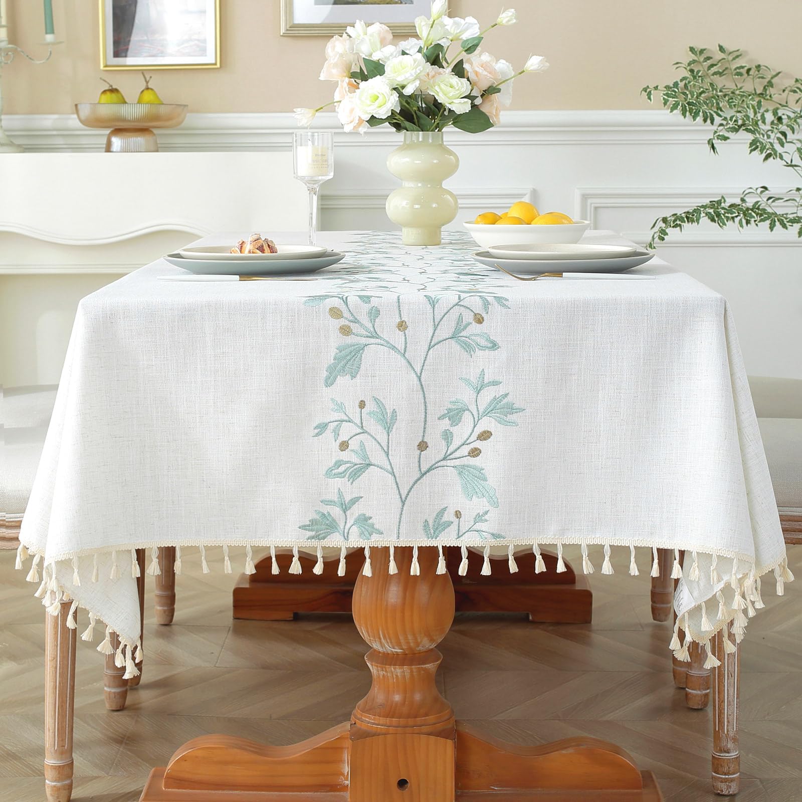 Cotton Linen Spring Tablecloth for Dining Waterproof Rustic Farmhouse Kitchen Rectangle Table Cloth Coffee Table Cover, Beige, Green Coffee Flower, 55x102 Inch