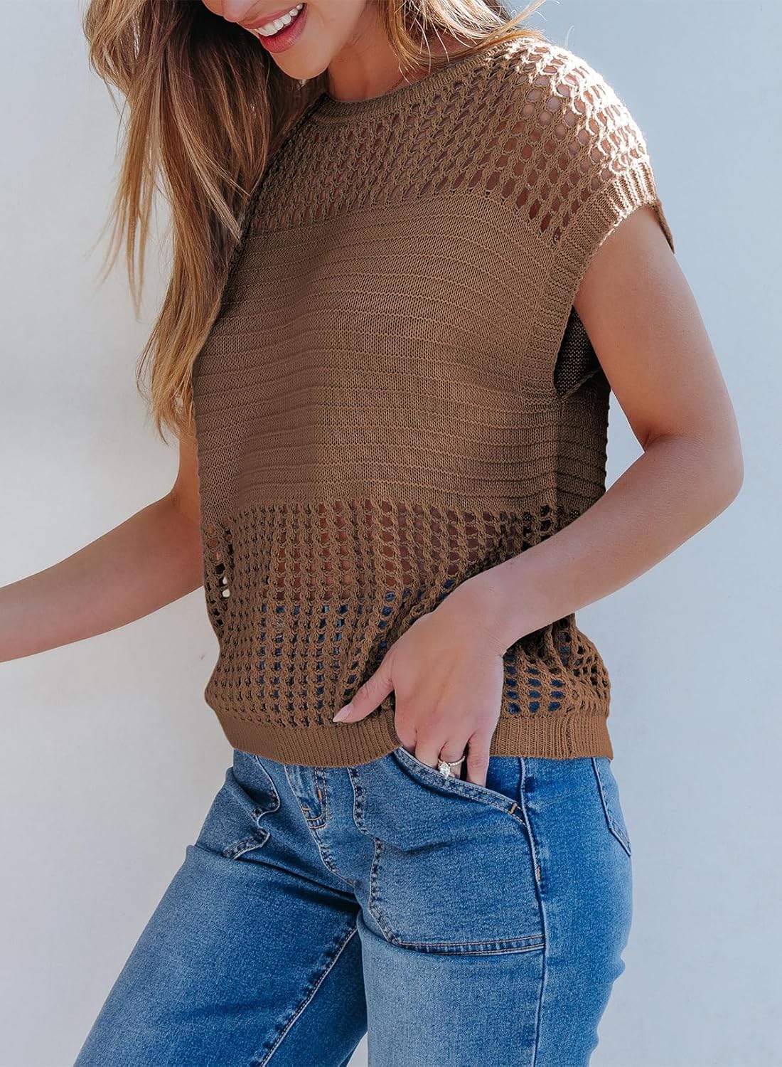 EVALESS Womens Tops Casual Summer Cap Short Sleeve Crochet Hollow Out Knit Sweater Vest Pullover T-Shirts Beach Coverup - Image 3