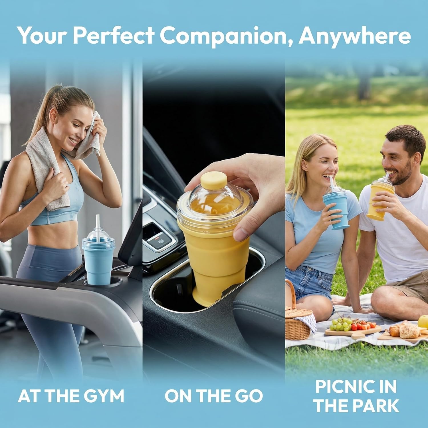2-in-1 Collapsible Silicone Ice Ball Maker Cup, Reusable Portable Ice Sphere Mold with Straw & Lid, Easy Demolding, Leakproof Travel Tumbler for Coffee, Juice, Home, Gym, Outdoor (A+B)