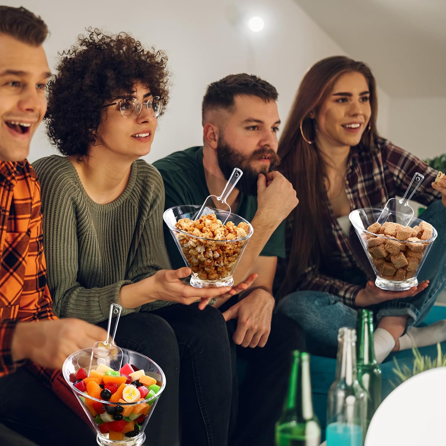 Sawysine 12 Pcs Acrylic Clear Serving Bowls with Plastic Kitchen Scoops Salad Serving Bowls Popcorn Scoops Angled Candy Bowl for Salad Cooking Parties(24 oz)