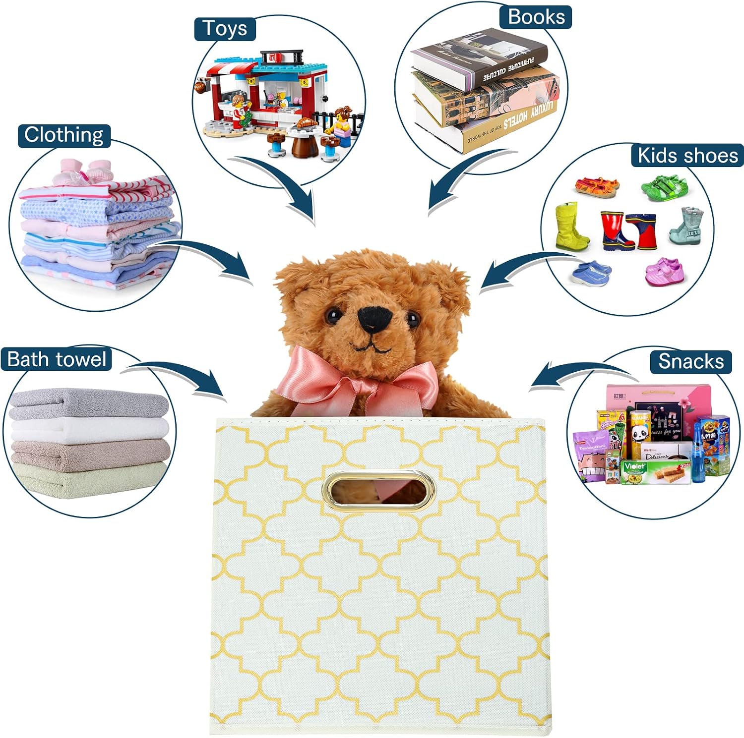 Fabric storage bins Cubes, Fabric Cube Organizer with Handle, Foldable Cube Bins for Cloth or Accessary Storage, 11x11x11, Set of 3, (Creamy-White Gold) image 3