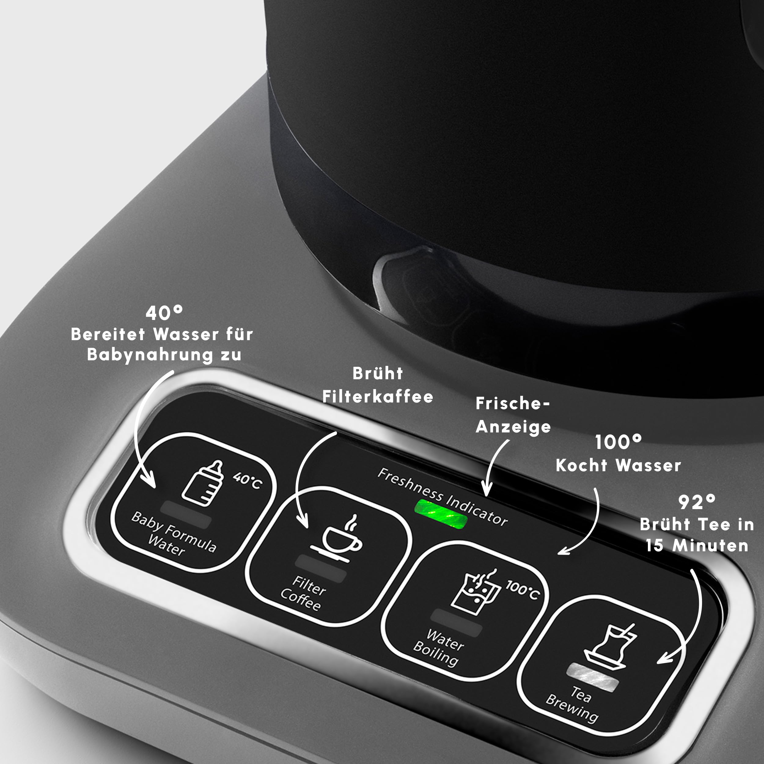 Karaca Caysever Robotea Pro 4-en-1 Theiere Electrique Automatique, Machine à Café Filtré, Bouilloire à Thé, Theiere avec Infuseur, 2500W, Gris Espace