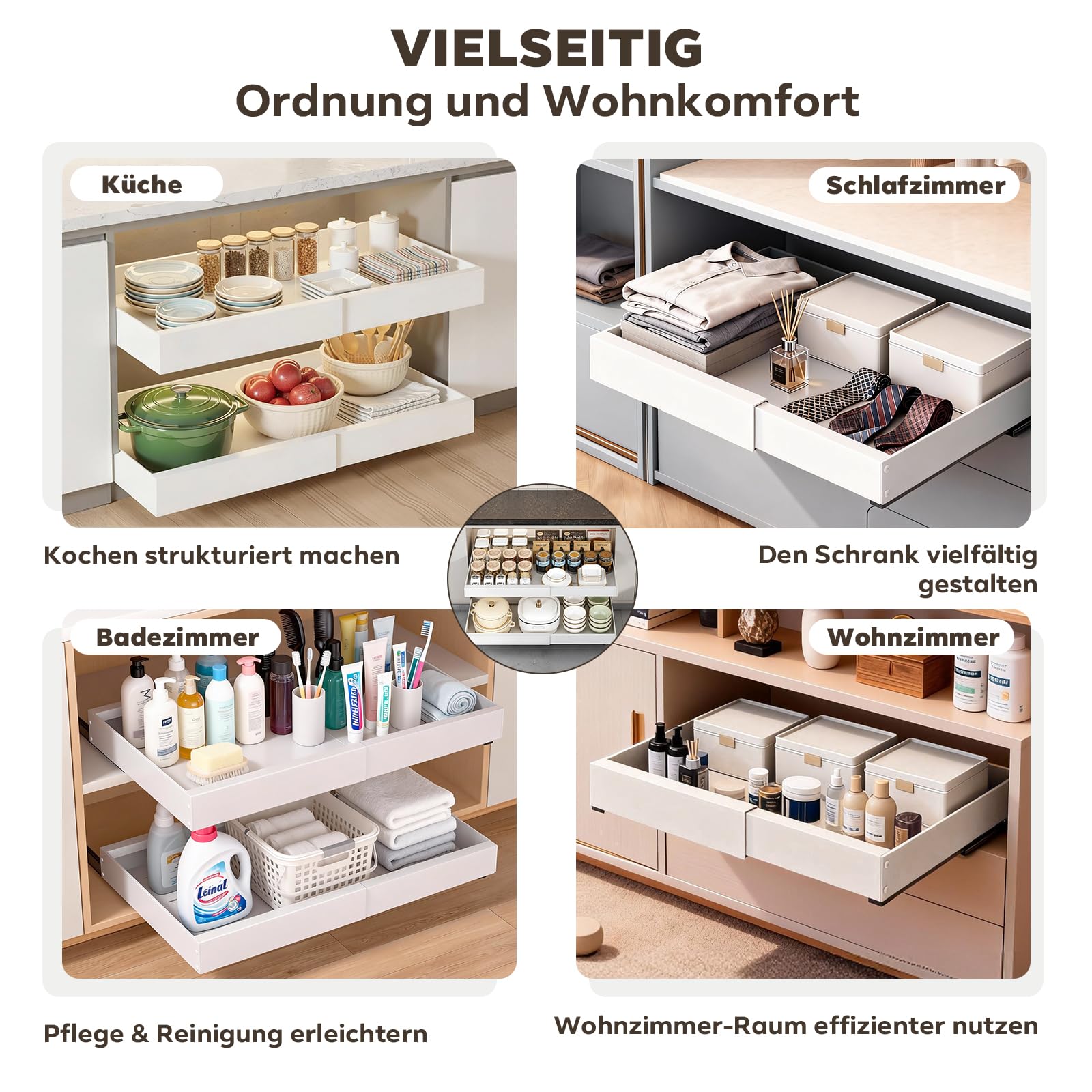 2 Stück Ausziehbarer Schrankorganisator Weiß – Verstellbare Breite 32-53 cm, 42 cm Tiefe – Erweiterbarer Schubladeneinsatz mit Klebefläche, Küchenorganizer ohne Bohren