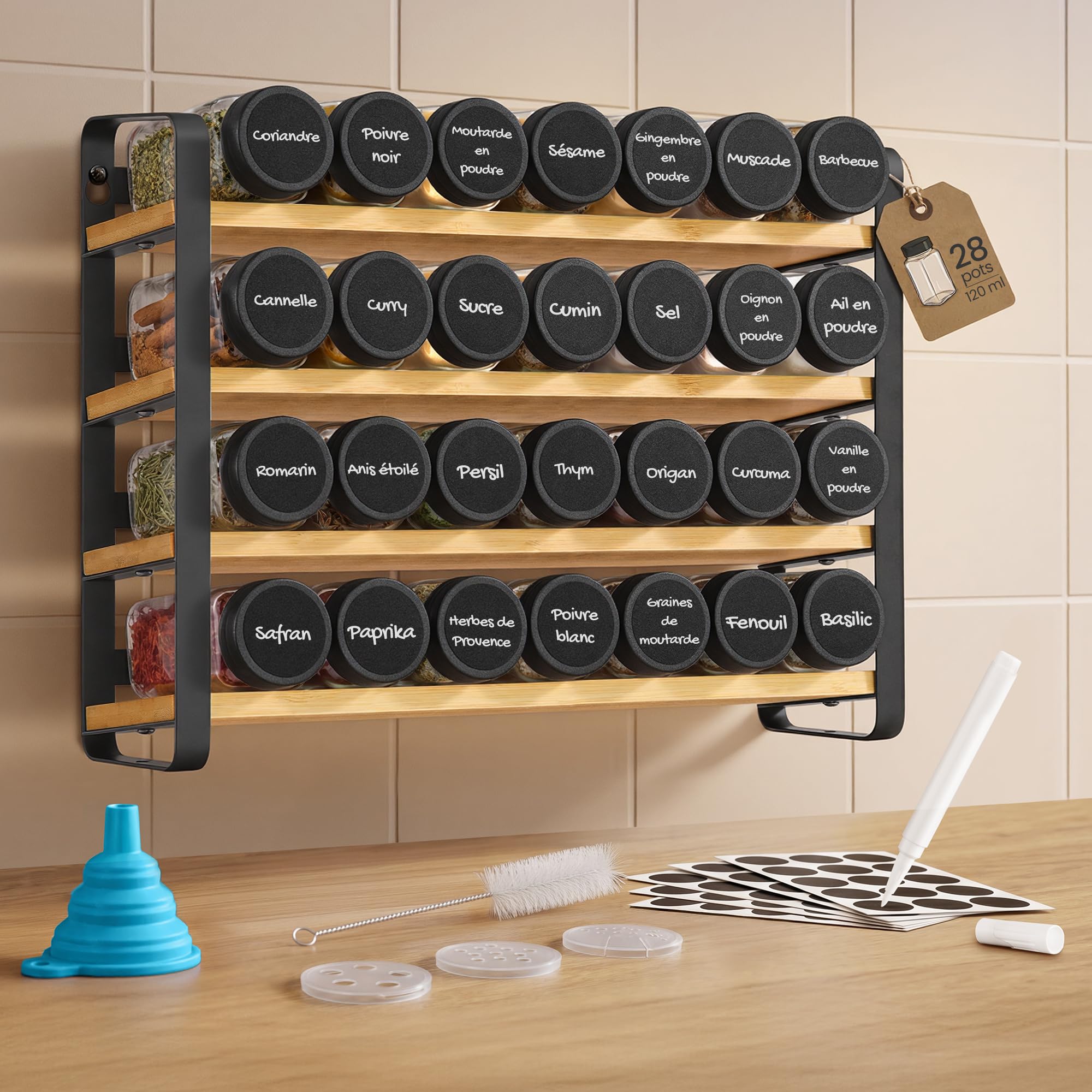 SONGMICS Étagère à Épices à 4 Niveaux, avec 28 Pots en Verre, Organisateur de Cuisine, Porte-épices, avec Étiquettes, Entonnoir, Marqueur, Brosse, Noir d’Encre et Bambou Naturel KCS064B101