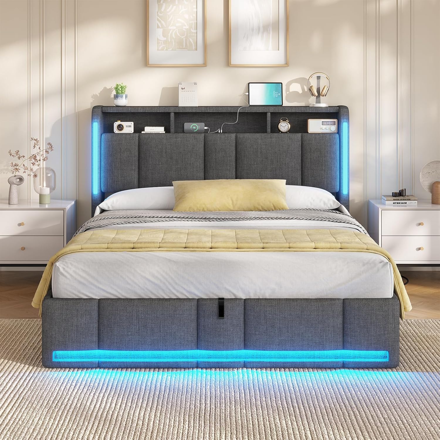 AOGLLATI Letto Matrimoniale Contenitore 140x190 cm con Sollevamento Idraulico, Letto Imbottito con Illuminazione a LED e Stazione di Ricarica, Struttura Letto con Testiera Imbottita, Grigio Scuro