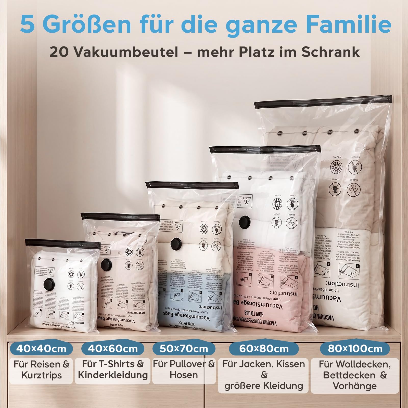 20 Stück Vakuumbeutel für Kleidung mit Handpumpe, 5 Größen, Familien-Set