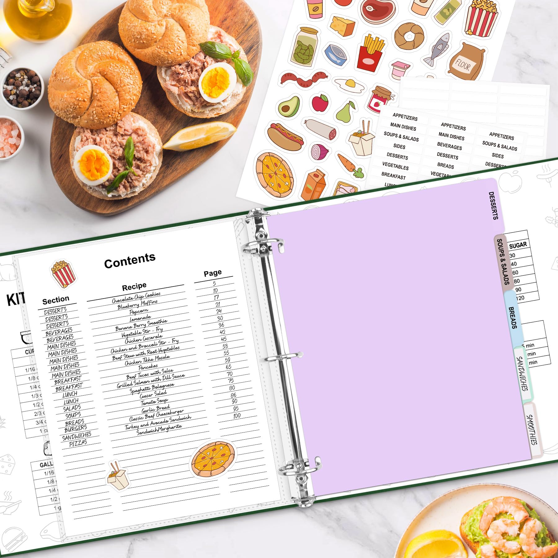 AKONEGE Raccoglitore per ricette 21,6 x 28 cm, set a 3 anelli, impermeabile, con 75 buste in plastica, 10 divisori, 100 biglietti per ricette, etichette e adesivi, libro di cucina con copertina rigida