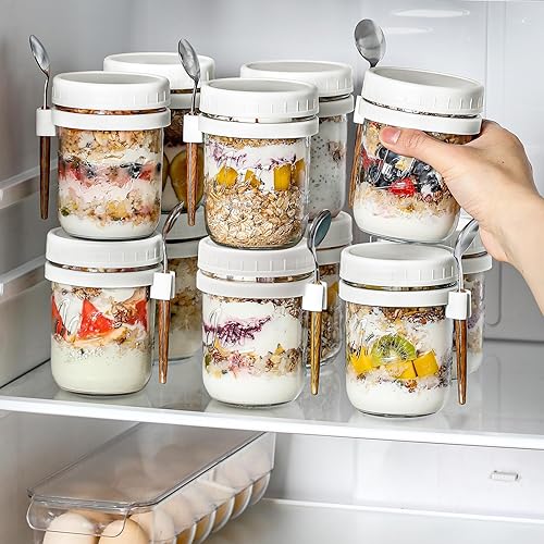 Vista 34 de LANDNEOO Paquete de 4 recipientes de avena con tapas y cucharas, tarros de vidrio de 16 onzas con tapas herméticas, tarros de avena para la noche