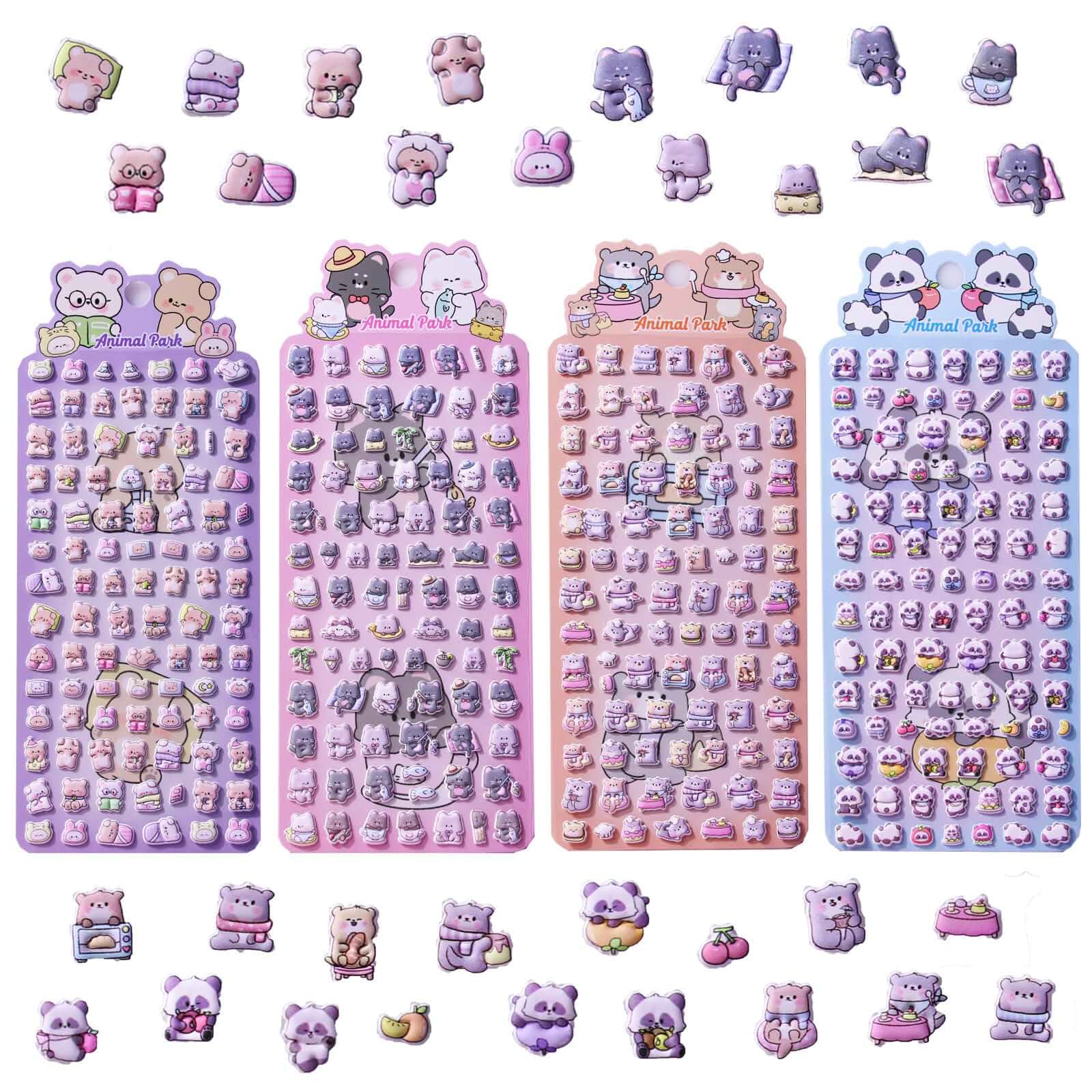 400+ Mini Puffy Stickers - Cute Tiny Small Kawaii 3D Puff Sticker for Kids,Girls,Adults for Rewards,Phone Case,Album-Includes Little Animals,Cat, Dog, Bear, Sheep, Panda,4 Sheets Animal