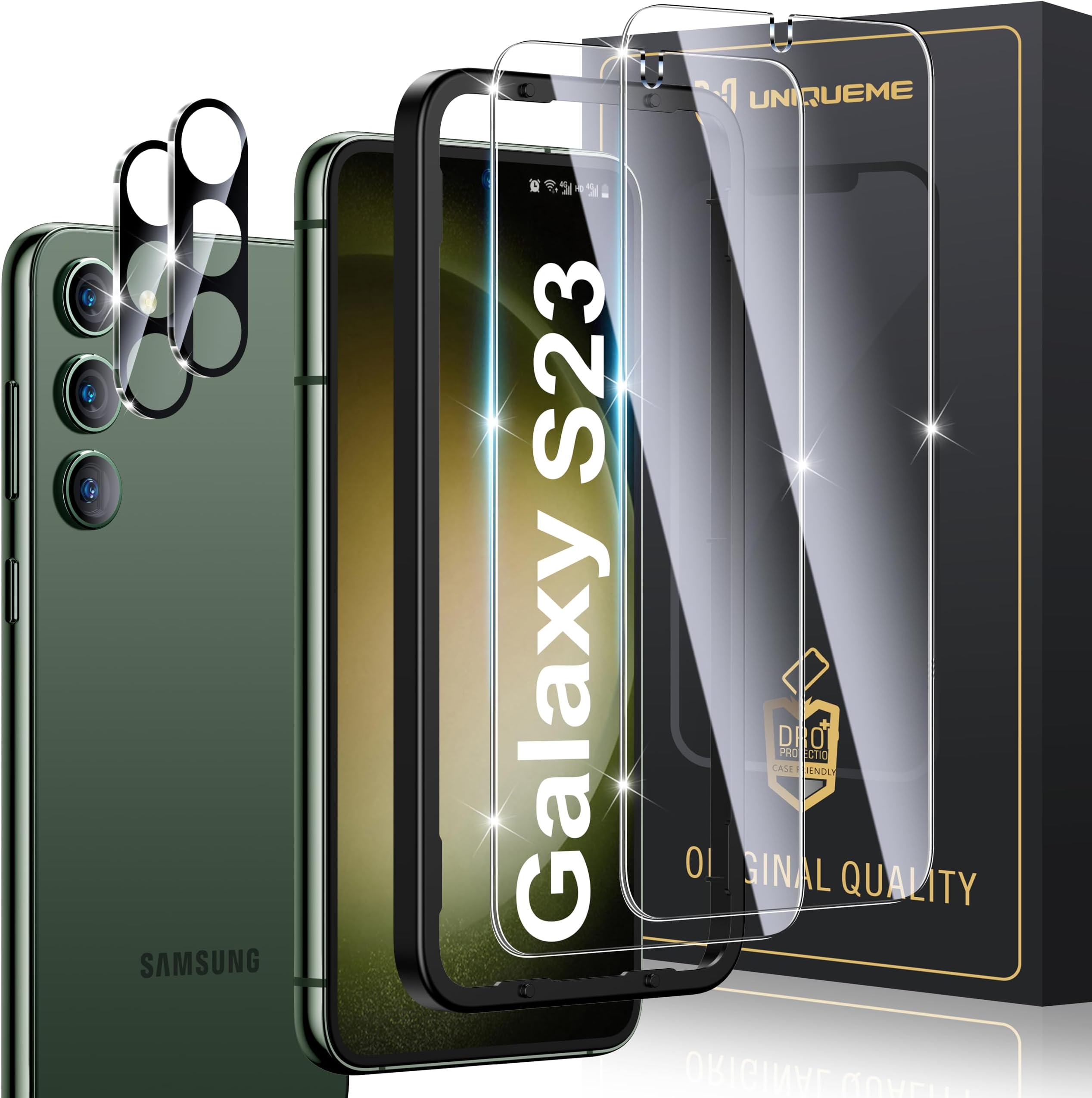 UniqueMe for Samsung Galaxy S23 Screen Protector Fingerprint Compatible,9H Tempered Glass 2 Pack and Camera Lens Protector 2 Pack for S23 5G 6.1-inch Full Coverage Case Friendly