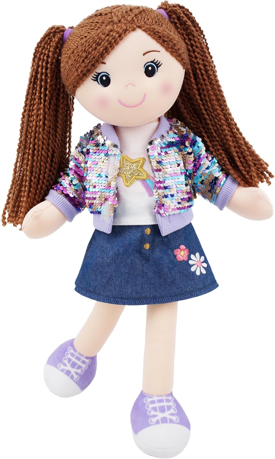 June Garden 18" Snuggle Cutie Sophie Glam - Soft Cuddly Plush Doll Gift for Girls - Huggable Rag Doll - Trendy Outfit L
