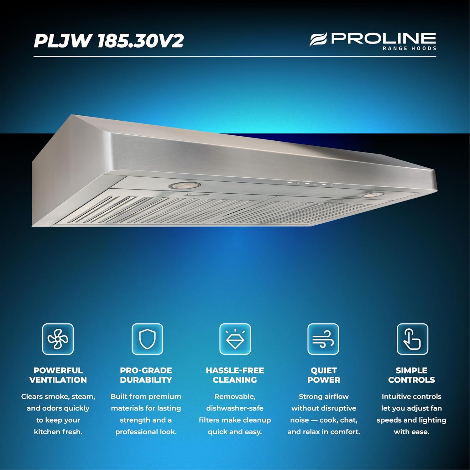 PROLINE 30-Inch Under Cabinet Range Hood, Ducted, 600 CFM, Stainless Steel, LED Lights, ULTRA-QUIET Blower Motor, 4 Speed, 3-Year Warranty, PLJW 185.30V2