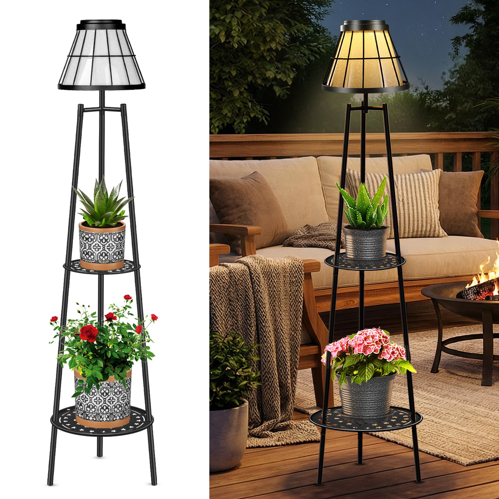 MXwcy 2-Tier Solar Plant Stand with Light Modern Outdoor Floor Lamp with Classic Grid Lantern Waterproof Tall Metal