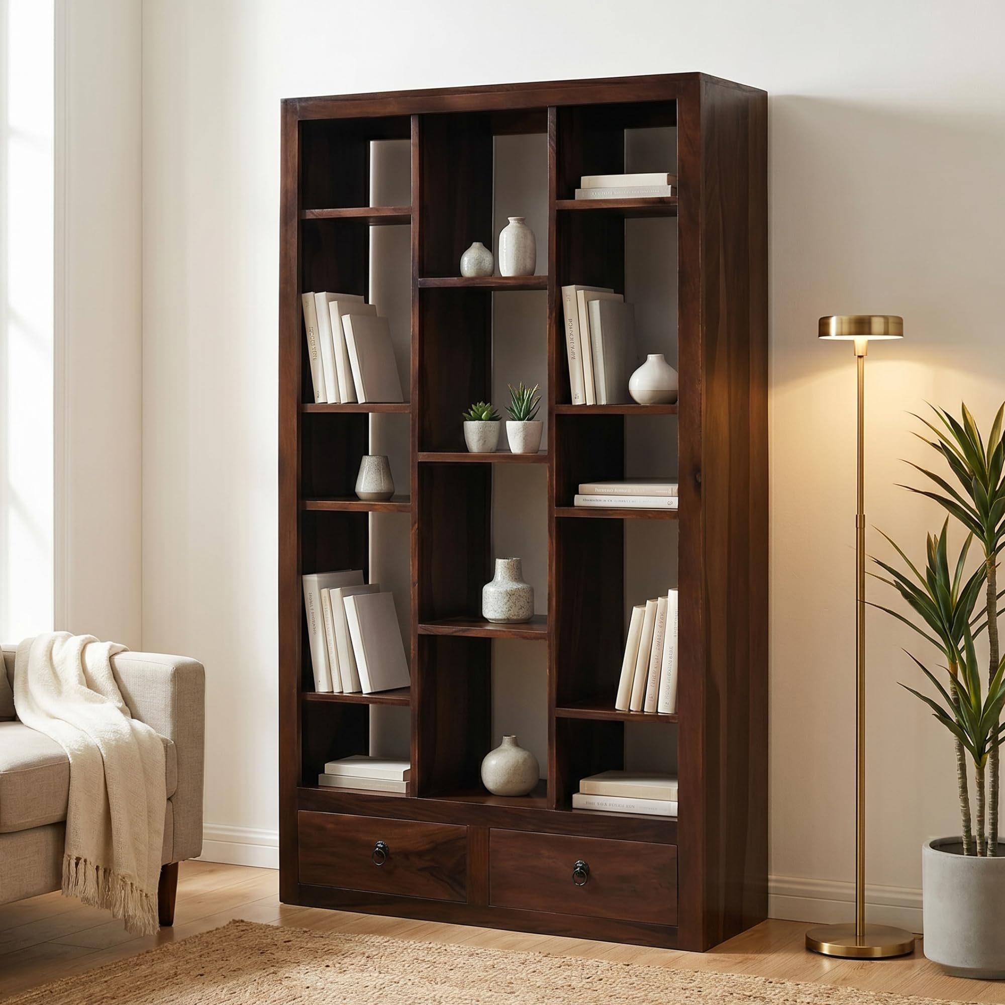 MODERN FURNITURE SHEESHAM Wood Book Shelf Wooden | Bookshelf for Home Library | Book Shelves Open Bookcase Multiple Shelf Books Rack with 2 Storage Drawers for Office & Home (Walnut Finish)-image-15