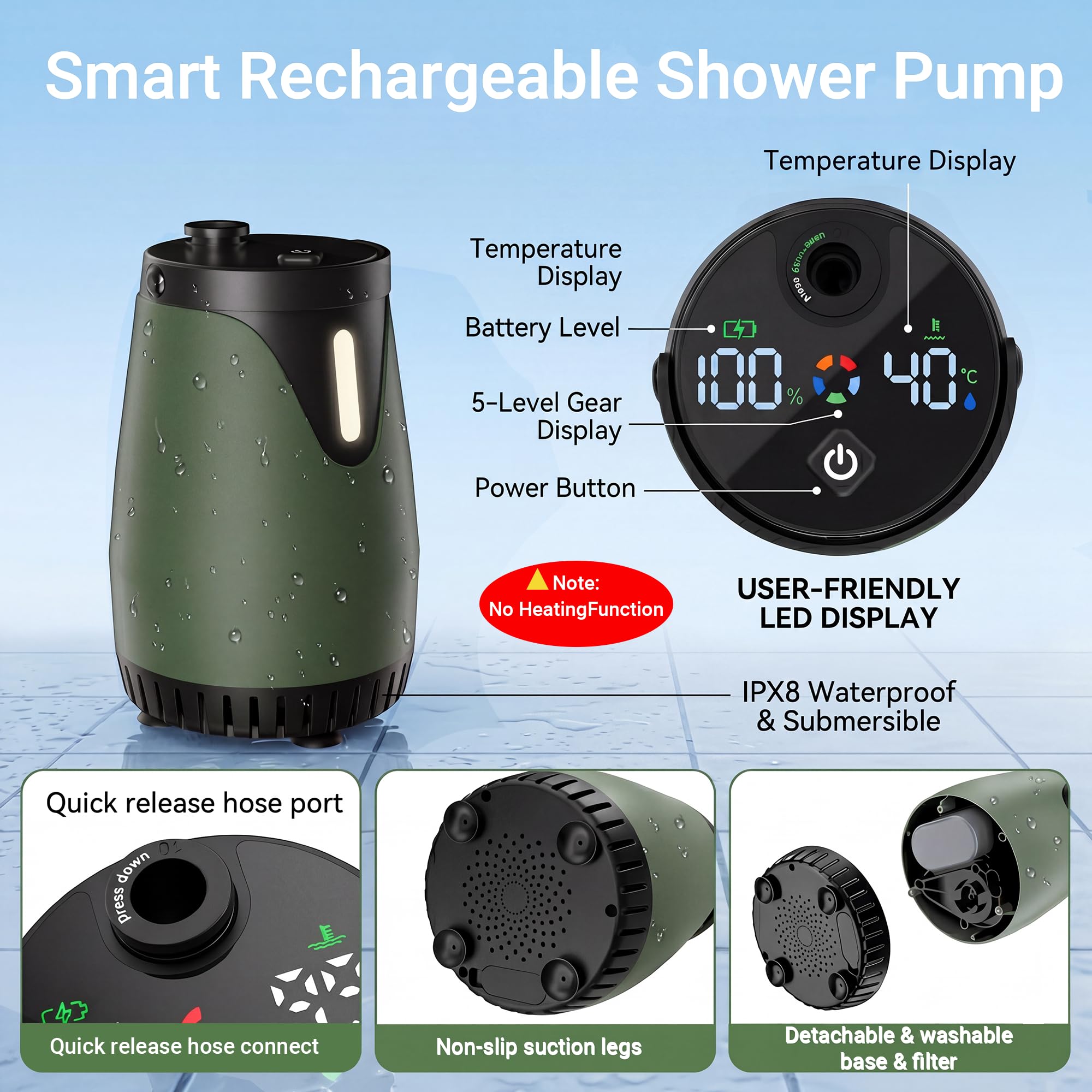 Douche de camping portable, 8 000 mAh, longue durée, rechargeable avec écran LED, 5 modes de pulvérisation, haute pression d'eau, pompe de camping étanche IPX8 pour randonnée, voyage, voiture