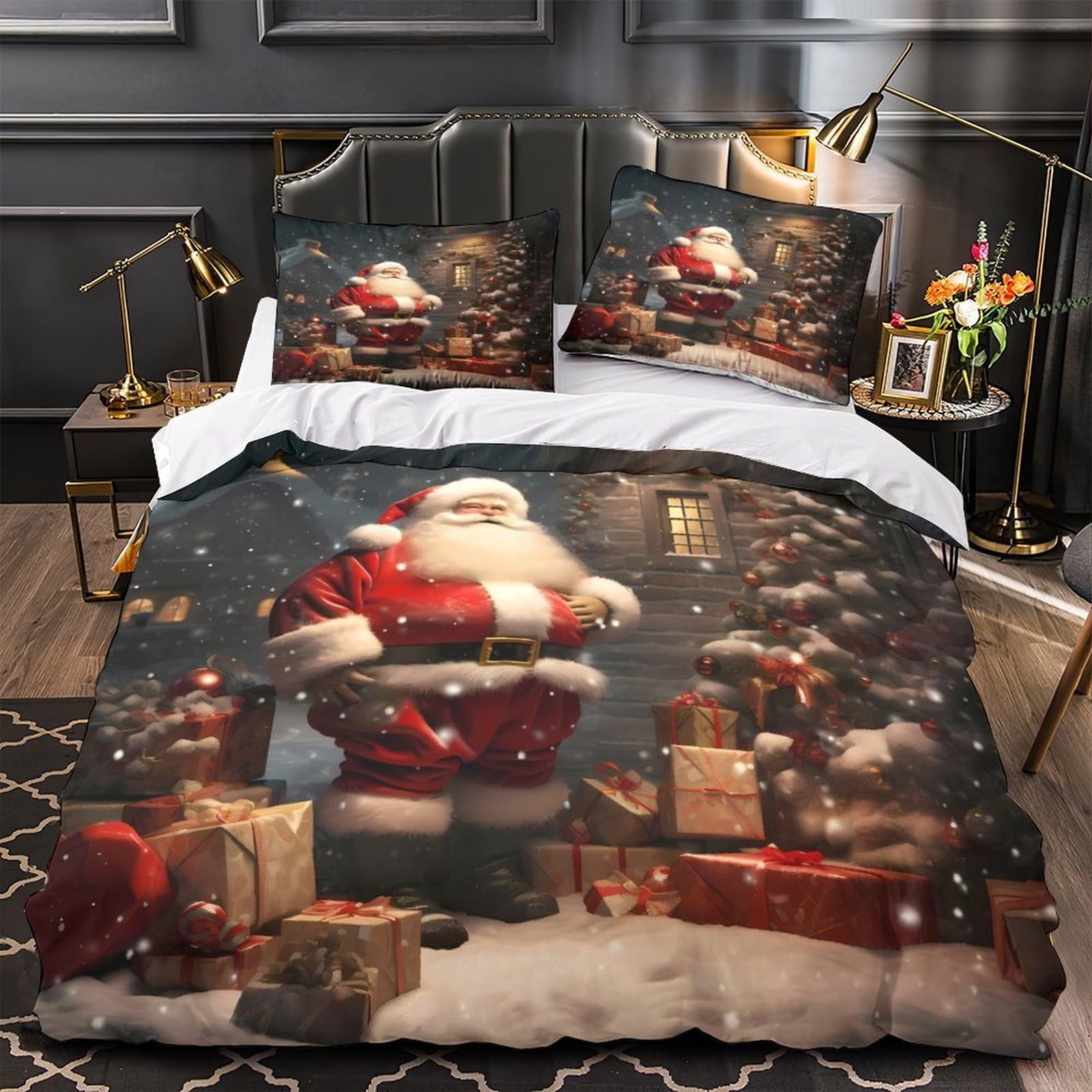 Housse de couette Noël 220x240 cm King en microfibre hypoallergénique avec fermeture éclair