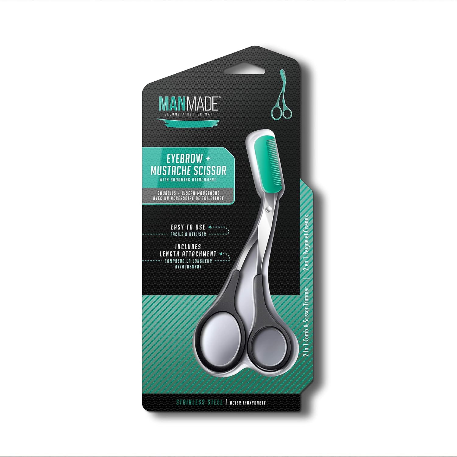Man Made: Eyebrow + Mustache Scissor, 2 in 1 Comb & Scissor Trimmer, Become a Better Man (Green) : Beauty & Personal Care