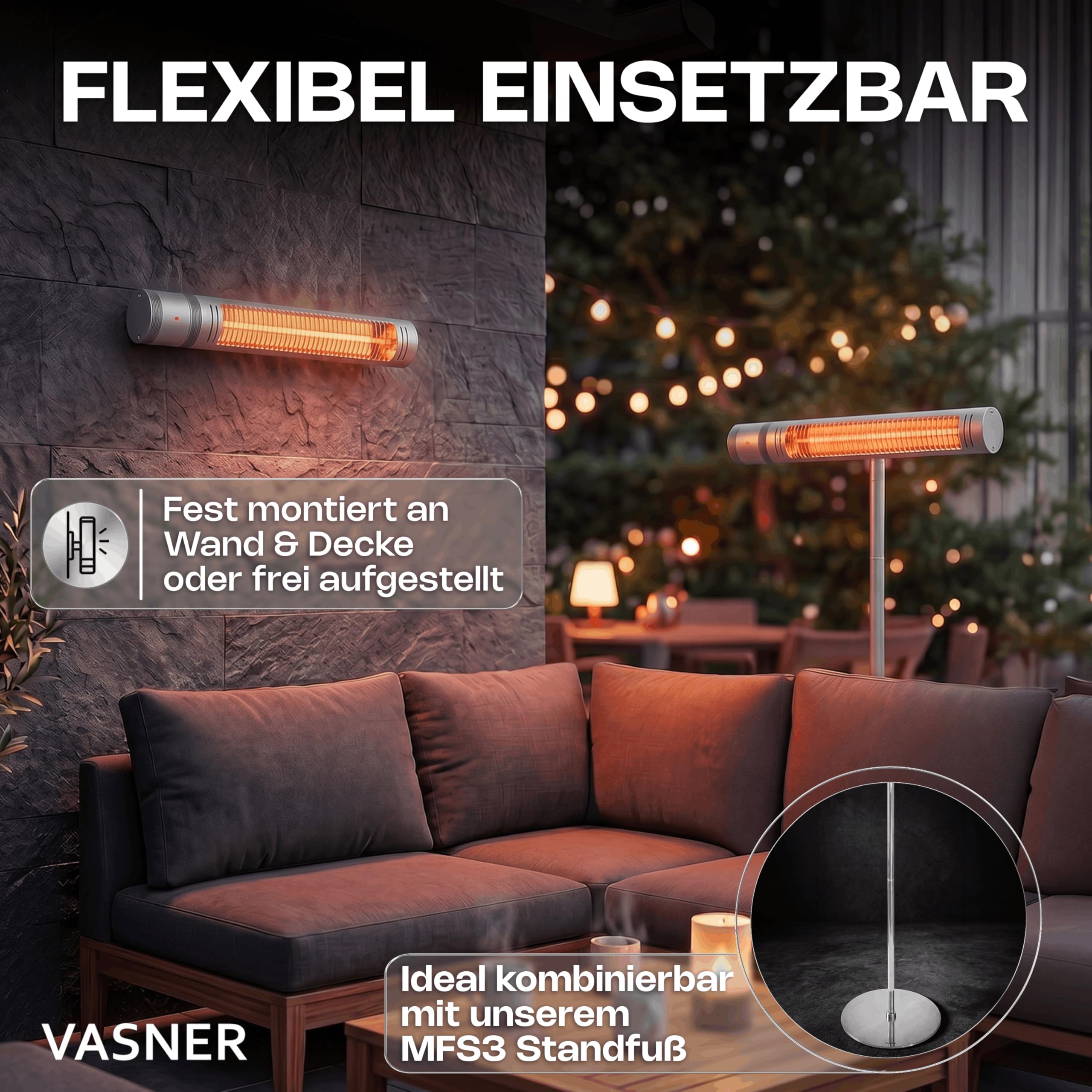 VASNER SlimLine X20 Infrarot Heizstrahler Outdoor – Terrassenstrahler 2000W elektrisch – Decken Heizstrahler Terrasse Wandmontage – Infrarotstrahler Wintergarten hängend mit Fernbedienung (Silber)
