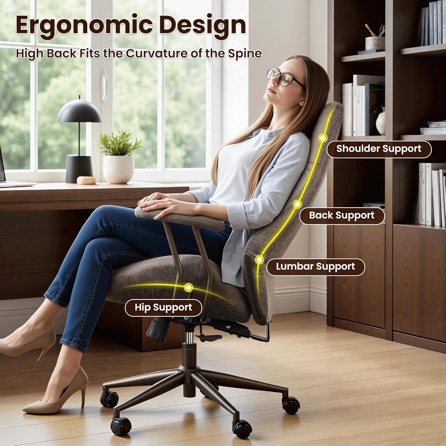 ovios Executive Ergonomic Office Chair, High Back Comfy Faux Suede Leather Computer Chairs, Mid-Century Modern Swivel Rolling Task Armchair, Grey