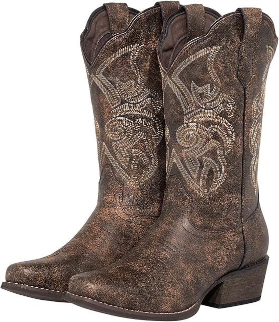 J's.o.l.e Cowboy Bottes Femme large calf brodé Western Cowgirl Bottes pour femmes orteil carré