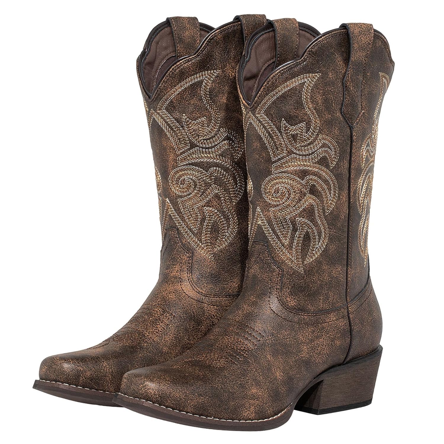 Js o l e Womens Square Toe Cowboy Boots Mid Wide Calf Distressed Western Cowgirl Boots