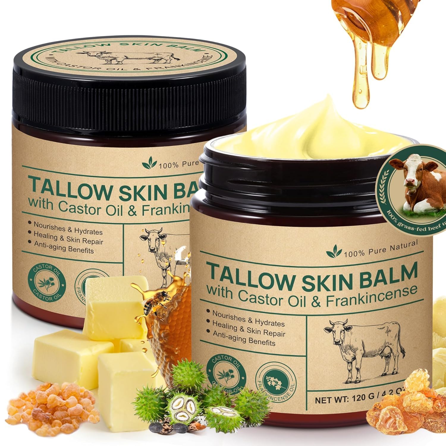 Beef Tallow Cream, 2 Stück Rindfleisch Talg Creme Honigbalsam Hautpflege mit Räucheröl Rizinusöl Balsam, 100% Grassfed Rindfleisch Talg für die Hautpflege
