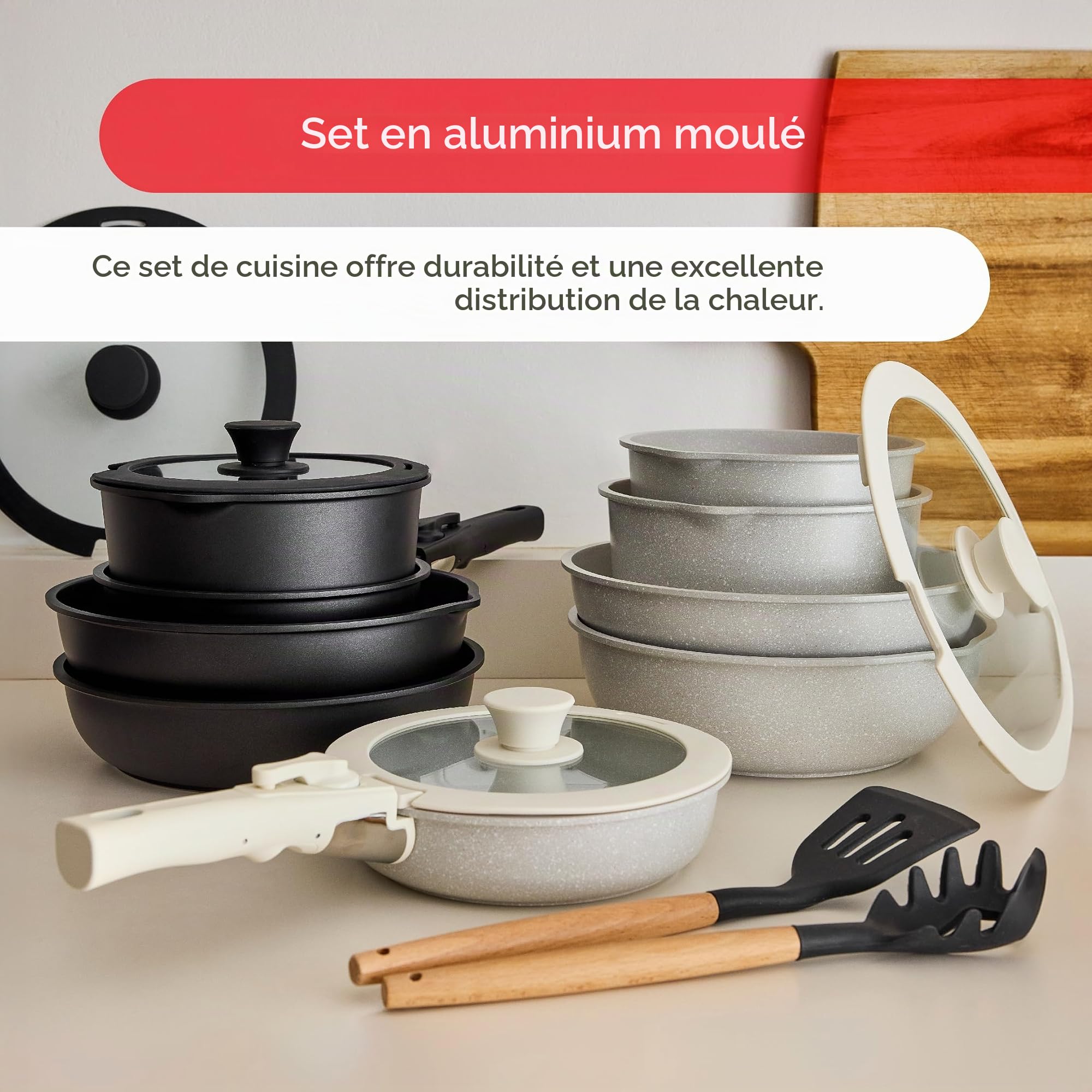 BERGNER Batterie de cuisine avec poignée amovible 2 Poêles à frire, 2 Casseroles, Poêle à frire, 2 Couvercles et 2 Ustensiles - En fonte d'aluminium - Revêtement antiadhésif beige marbré