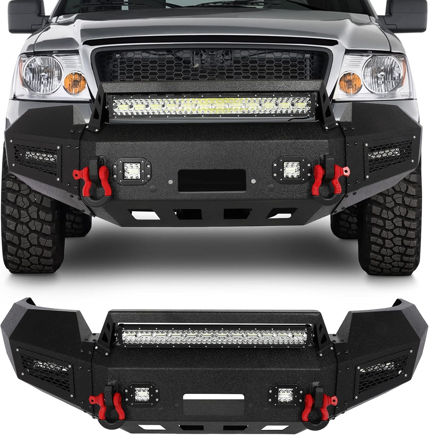 Front Bumper Replacement Fit for 2004-2008 for Ford for F-150 with LED Lights D-rings Winch Plate Off-Road Style Black Texture