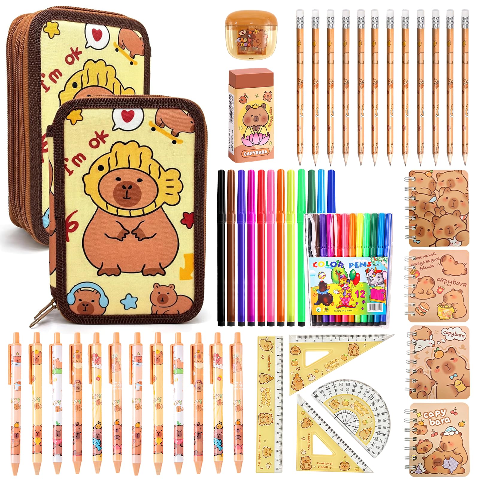 Capybara, set di 47 astucci per ragazzi e ragazze, 3 scomparti, astuccio con set di articoli di cancelleria, astuccio per la scuola, astuccio capybara