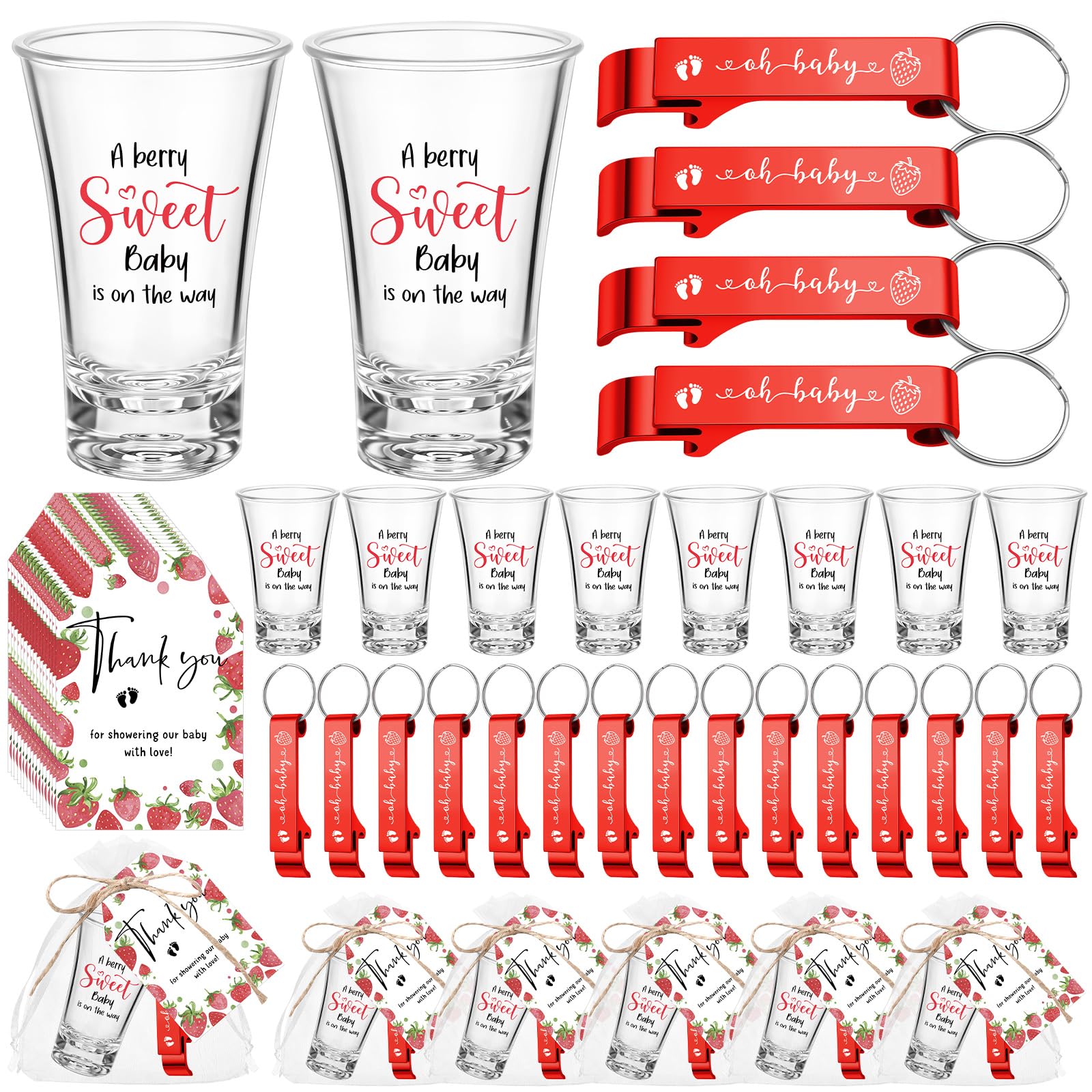 50 juegos de vasos de chupito acrílicos para baby shower con abrebotellas, llaveros, etiquetas de agradecimiento y bolsas, regalos de fiesta de revelación de género para invitados, baby