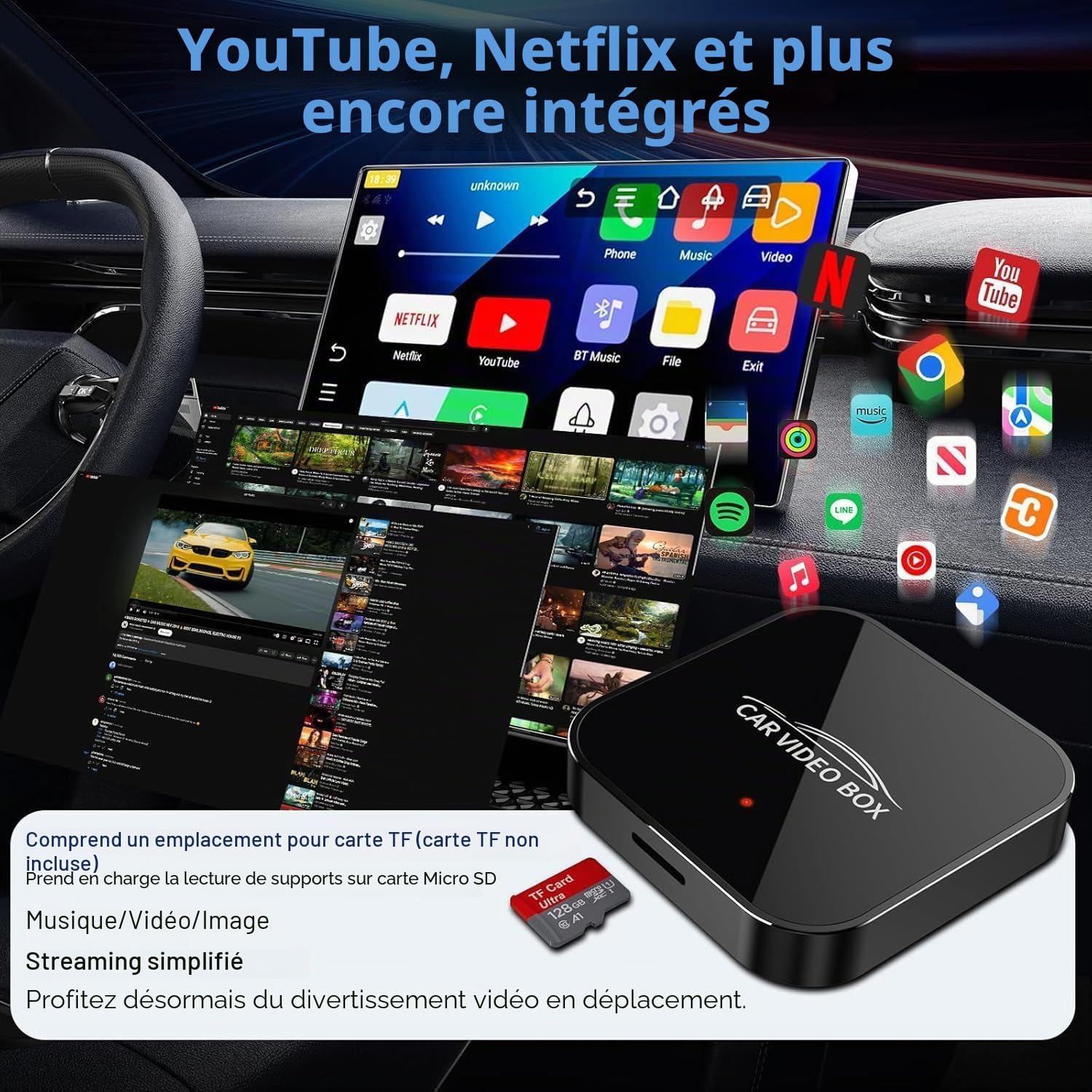 2026 Wireless CarPlay & Android Auto Adapter Prend en Charge Netflix/Youtube/TF – Plug & Play, Magic Video Box Compatible avec CarPlay & Android Auto d’Usine (4GB RAM+16GB)