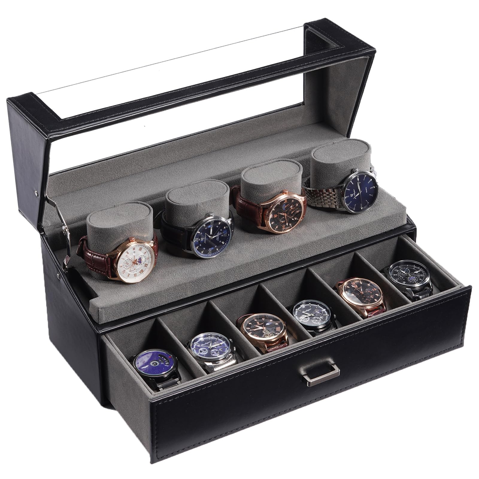 HVMBEUGOS Watch Case for Men, 10 Slot Watch Display Stand with Acrylic Lid, Watch Display Case with Drawer, 2-Layer Mens Watch Box, Watch Holder Organizer for Men Women -Black