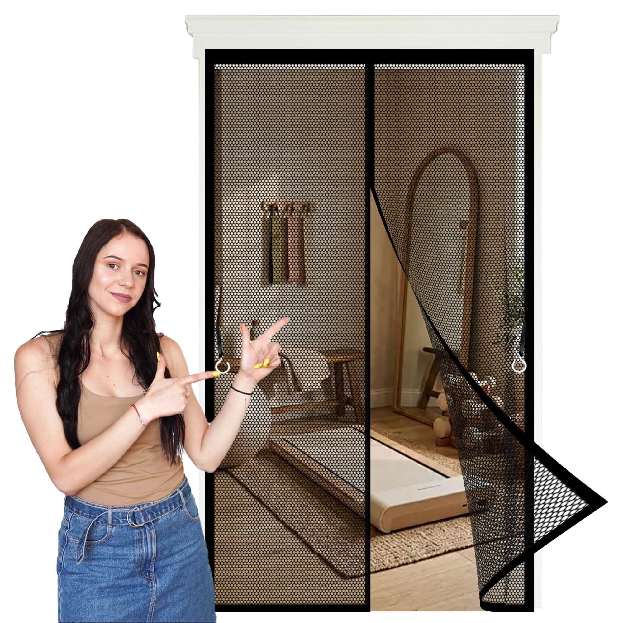 Mosquito Door Screen 133 x 243 cm Powerful Magnets, Self-Sealing, Polyester Magnetic Fly Screens Without Drilling, Heavy Duty for Keeping Out Flies, Black