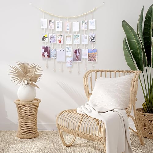 Miniatura 4 de Macramé colgante de fotos decoración de pared bohemia, soporte para tarjetas de Navidad con cadena de luces, colgador de fotos con 50 clips para