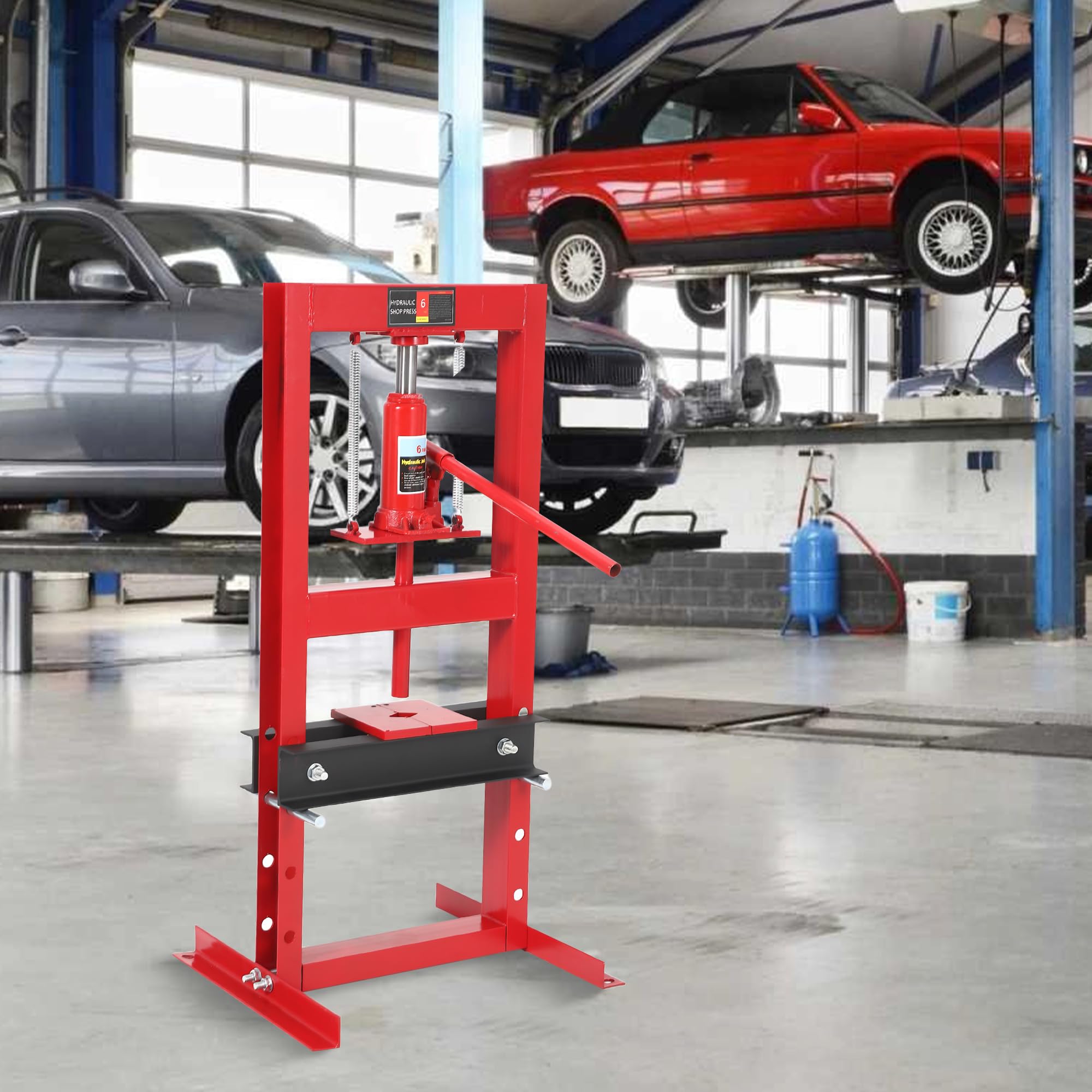 Pressa Idraulica da Officina 6T per Manutenzione Sistemi Frenanti Auto - Struttura H Pesante Regolabile - Piastre di Stampaggio Incluse - Ideale per Garage - Trave Nera, Struttura Rossa