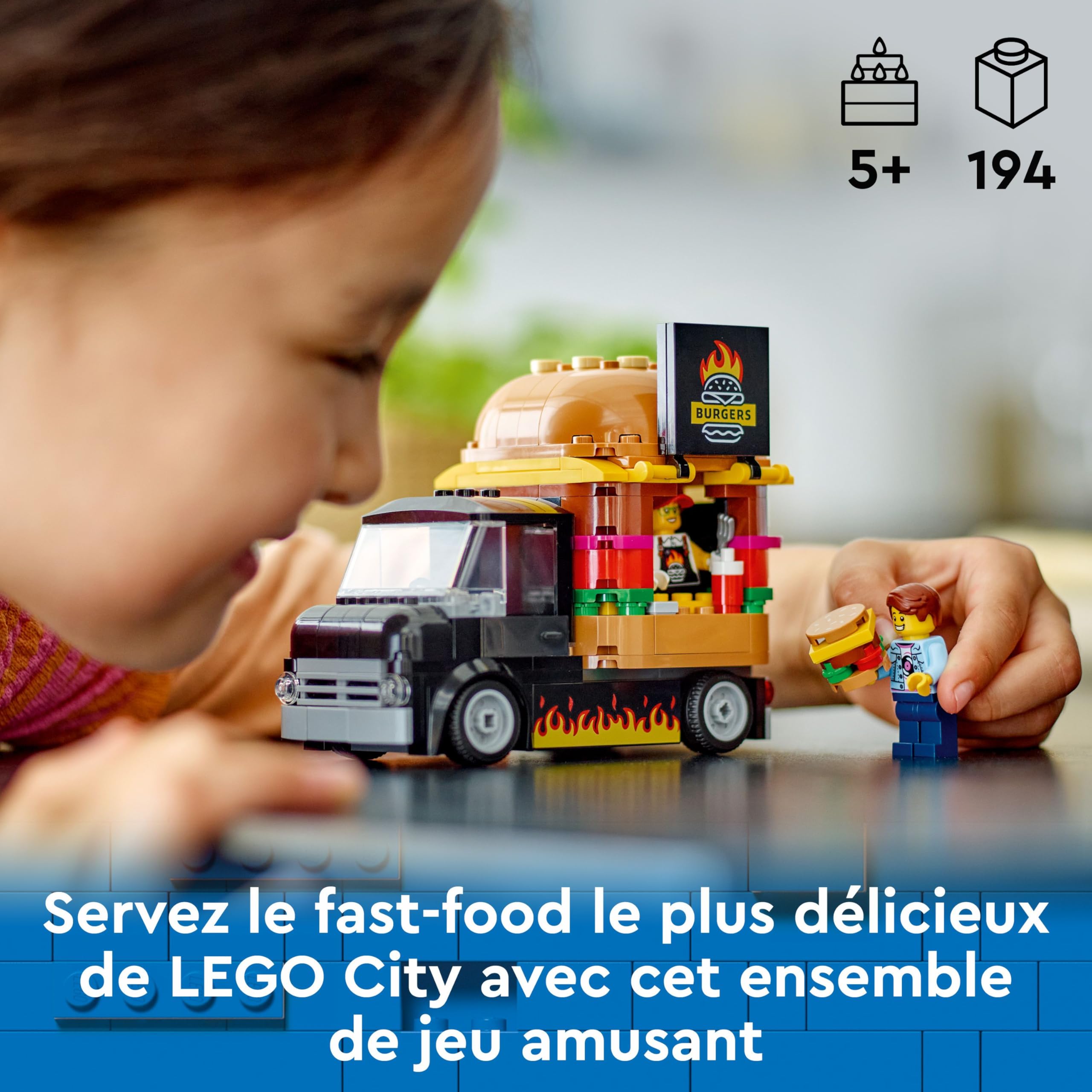 LEGO City Le Food-Truck de Burgers, Jouet de Camionnette, Cadeau pour Garçons et Filles de 5 Ans ou Plus, Jeu Imaginatif avec Camionnette et Cuisine, Minifigurines de Vendeuse 60404