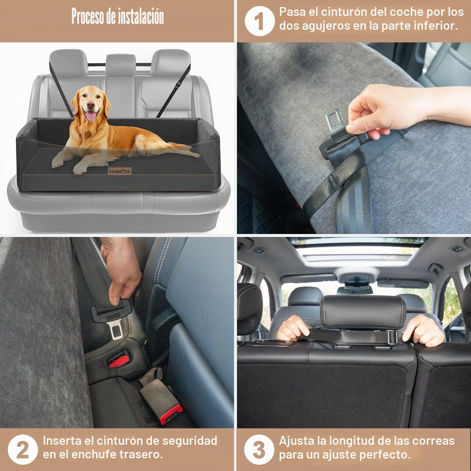Asiento de Coche para Perros Grandes de hasta 45kg, Cama de Coche para Perros Gris con cinturón de Seguridad, Asiento de Coche Elevador Lavable para Perros
