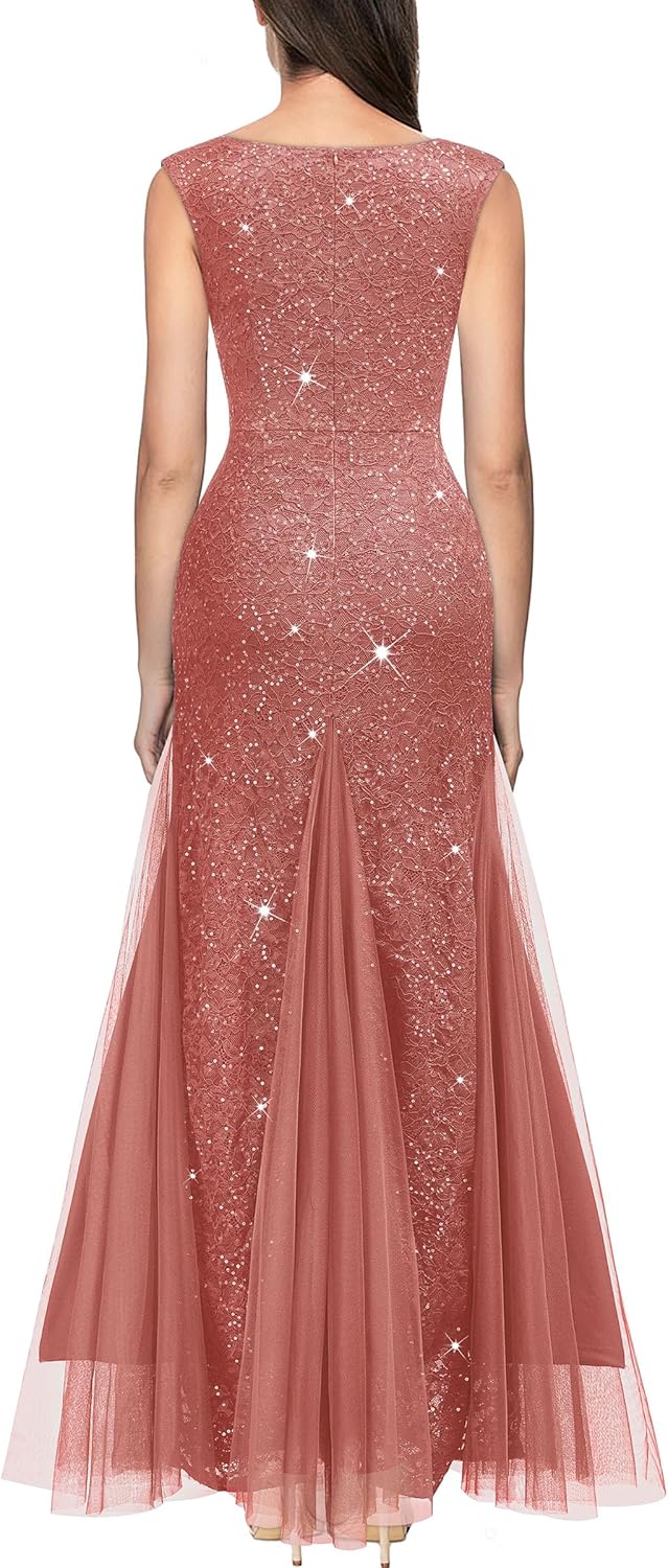 Miusol Women's Elegant V Neck Sleeveless Sequin Lace Evening Party Dress - Image 2