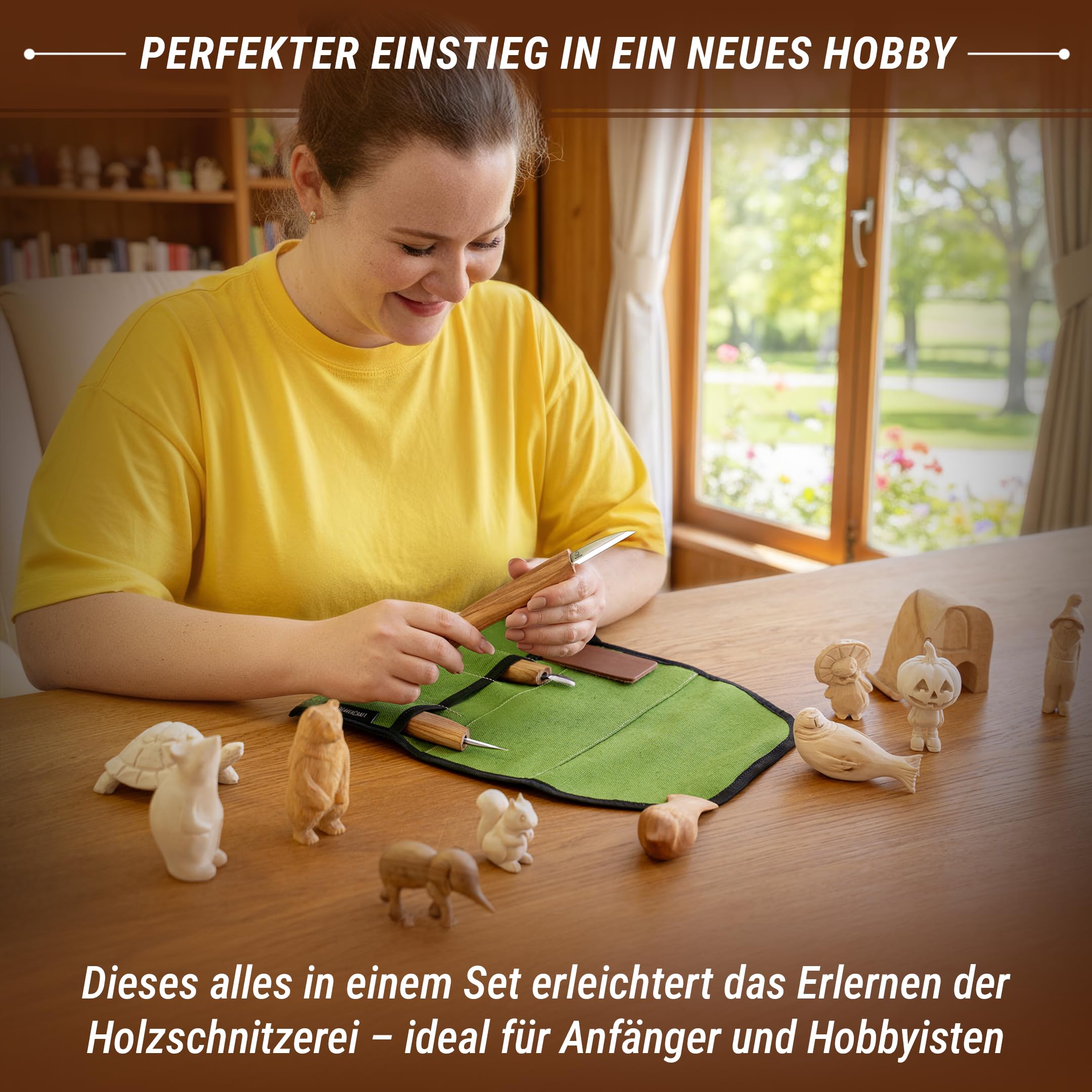 BeaverCraft Holzschnitzmesser-Set S15, Schnitzset für Anfänger, Kinder – Holzschnitzwerkzeug-Set mit detailliertem Spanmesser, Sloyd-Schnitzmessern und Lederstreichriemen, Poliermittel und Tutorials