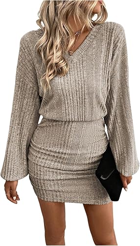 GORGLITTER Women's Mini Sweater Dress Long Lantern Sleeve Ribbed Knit V Neck Fal