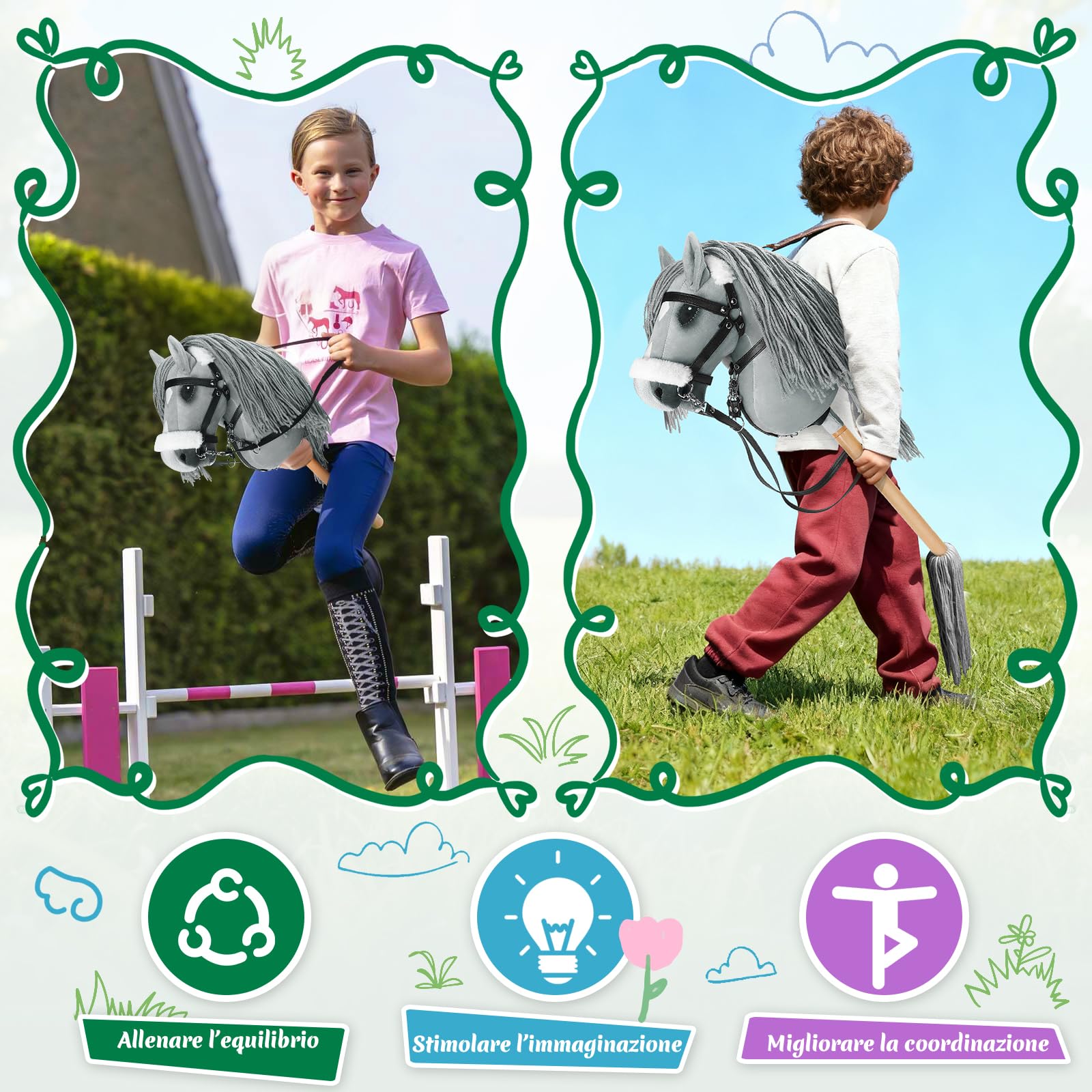 Charmofun Hobby Horse, Cavallo con Bastone per Bambini con Testa A3, Morbido Halter in Peluche, Coda Fluente e Cinghia Regolabile, Ideale per Gioco e Regalo (Grigio (con Capestro in Peluche))