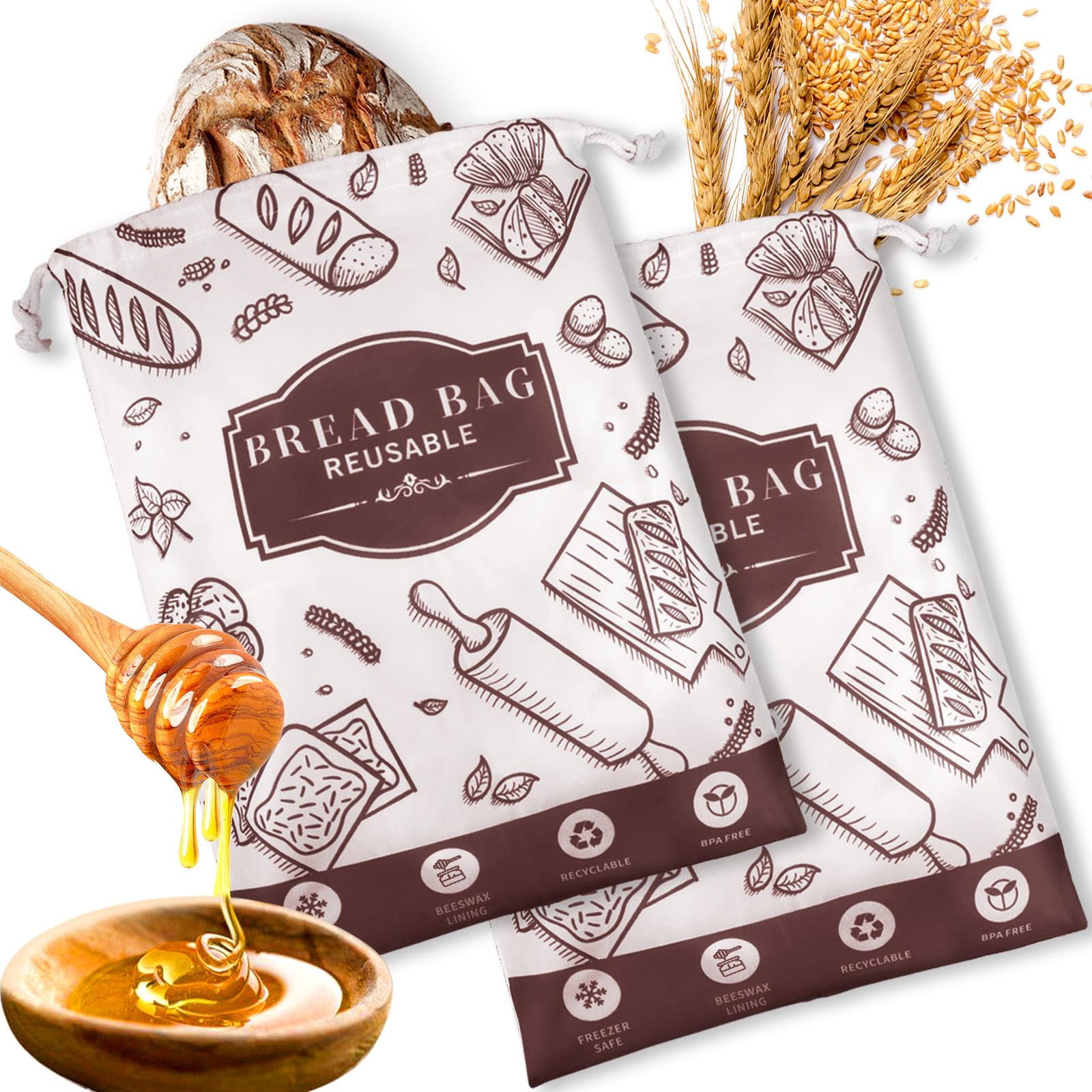 2-Pack Beeswax Bread Bags for Homemade Bread，Reusable Sourdough Storage Bags with Premium Beeswax Coating for Loafs Baguette Fresh Keeping,Great Baking Essentials and Gifts for Families & Friends.