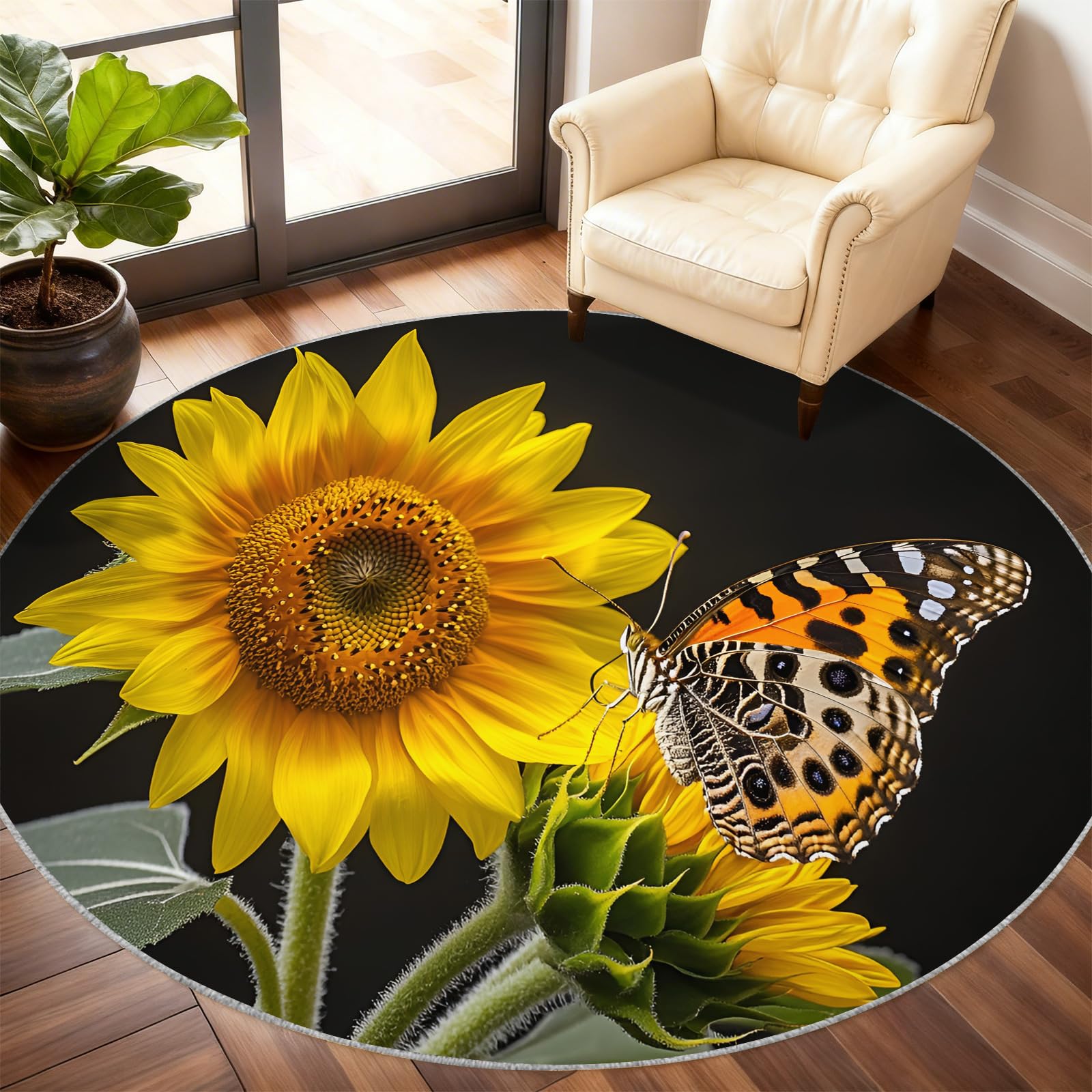 Tapis rond lavable pour salon et chambre : illuminez votre intérieur avec le motif tournesol