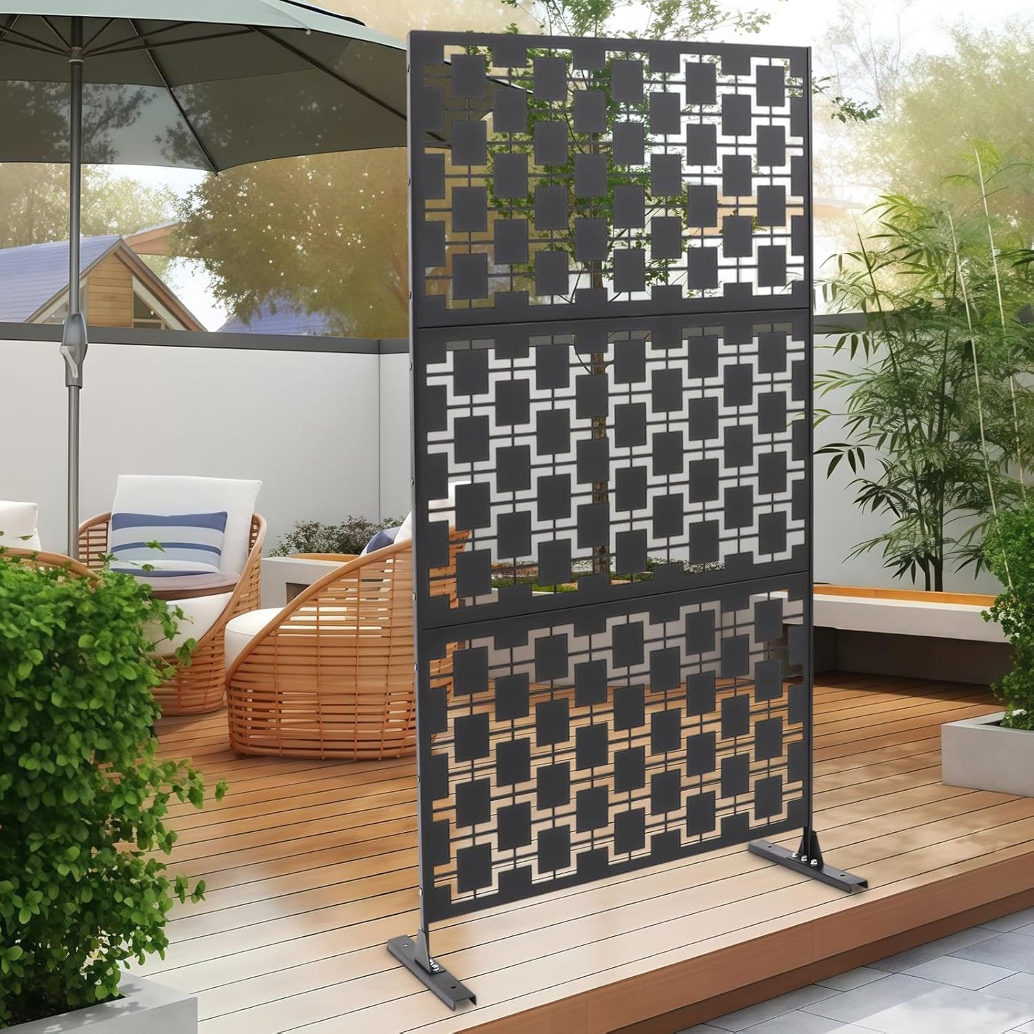 Metal Privacy Screen for Outdoor, Freestanding Privacy Screens, 74" H x 35" W Decorative Privacy Wall Panels with Stand for Patio Balcony Outside Outdoor Divider Deck Porch Garden Indoor